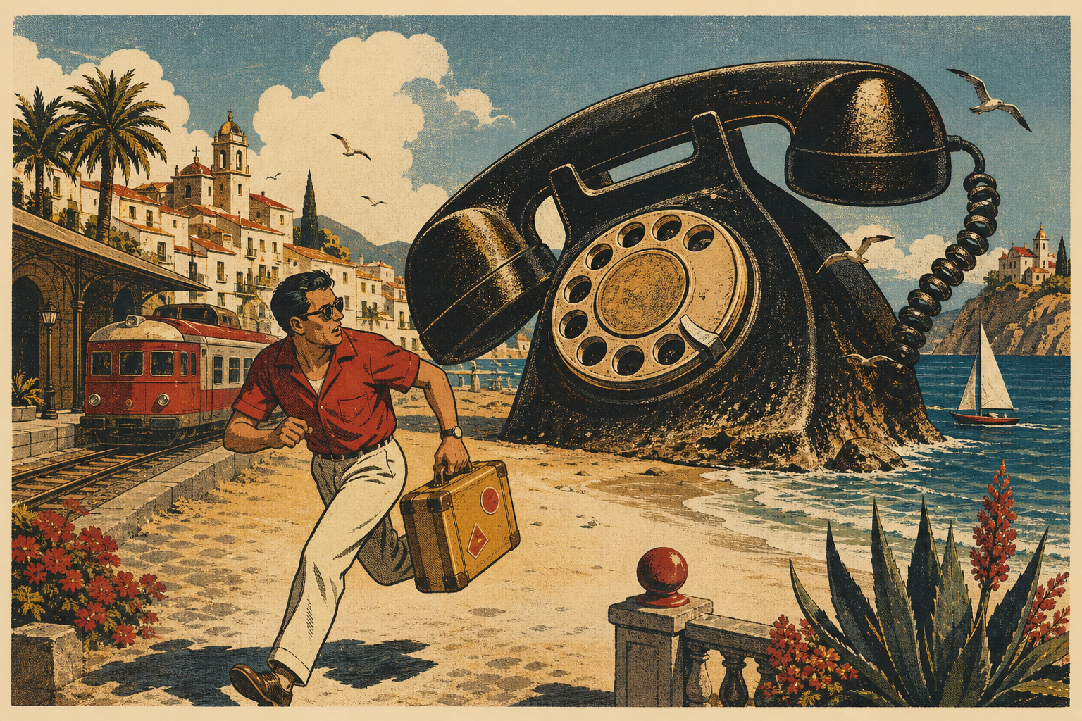 Vintage travel-poster illustration of a giant telephone following a traveler along the Spanish coast