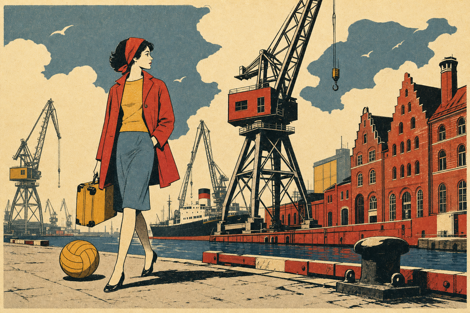 Vintage travel-poster illustration of Gdańsk’s waterfront and an unlikely Italian volleyball team