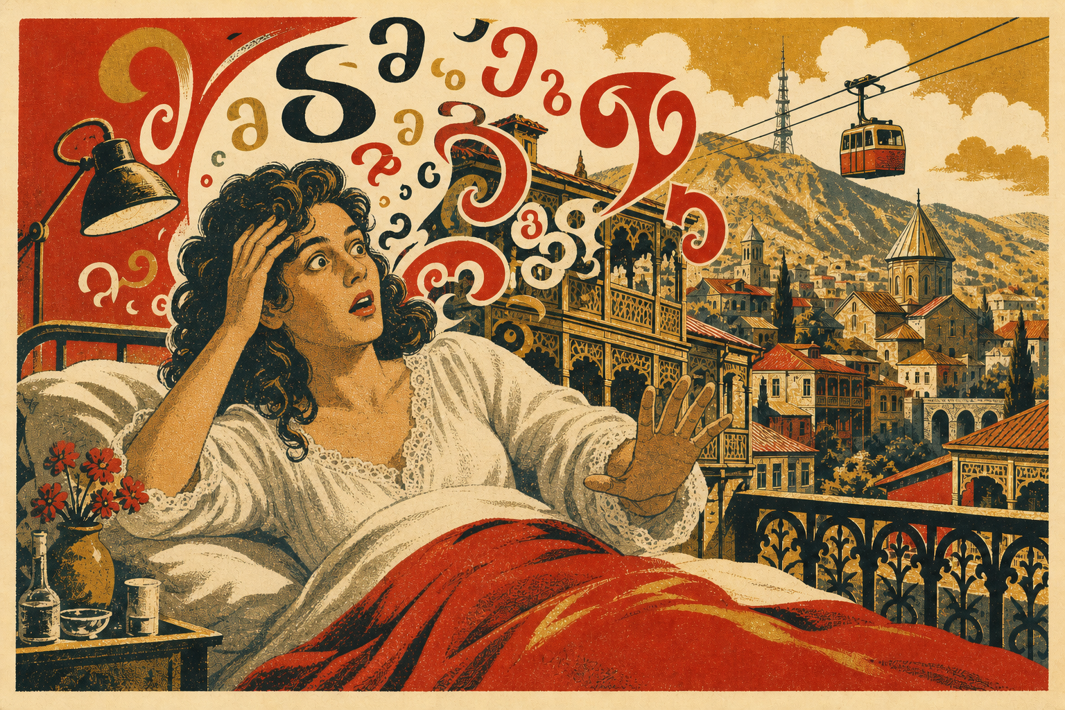 Vintage travel-poster illustration of a woman waking from a coma in Tbilisi, Georgia