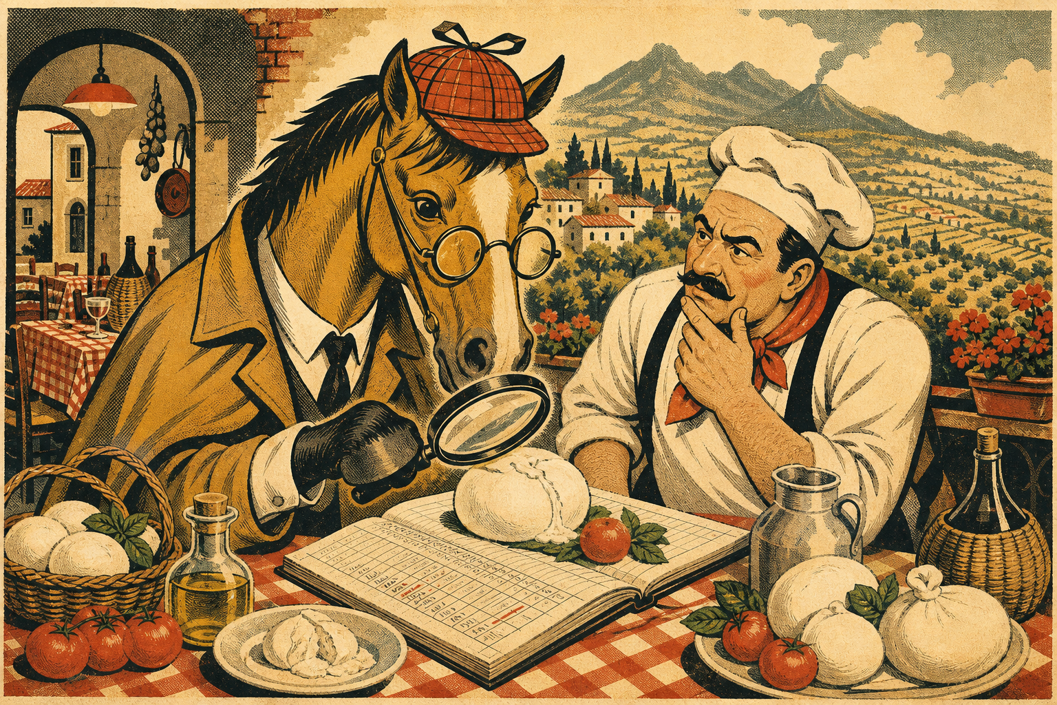 Vintage travel-poster illustration of a horse detective investigating food fraud in Italy