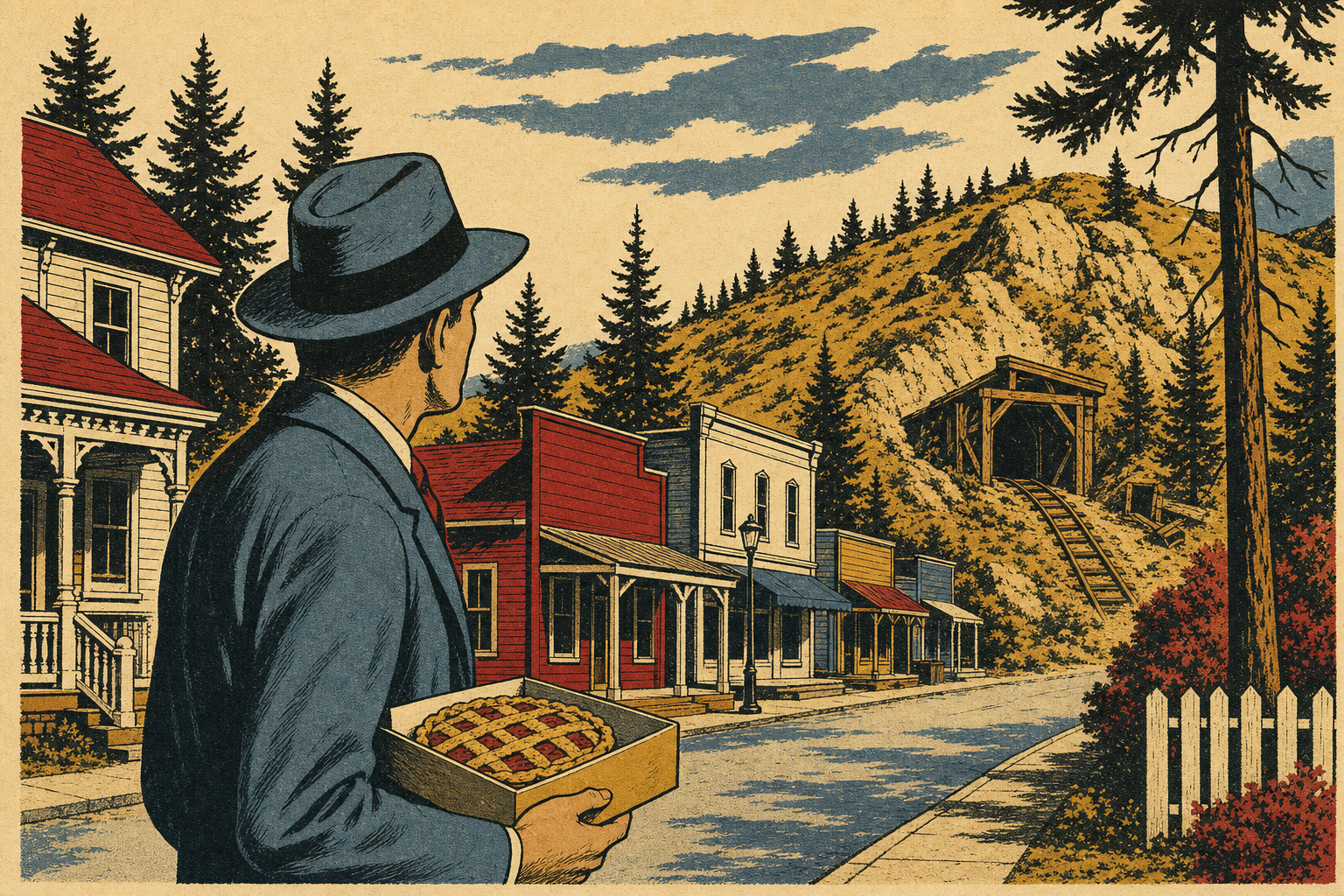 Vintage travel-poster illustration of Julian, California, with apple pie and fairy-tale intrigue