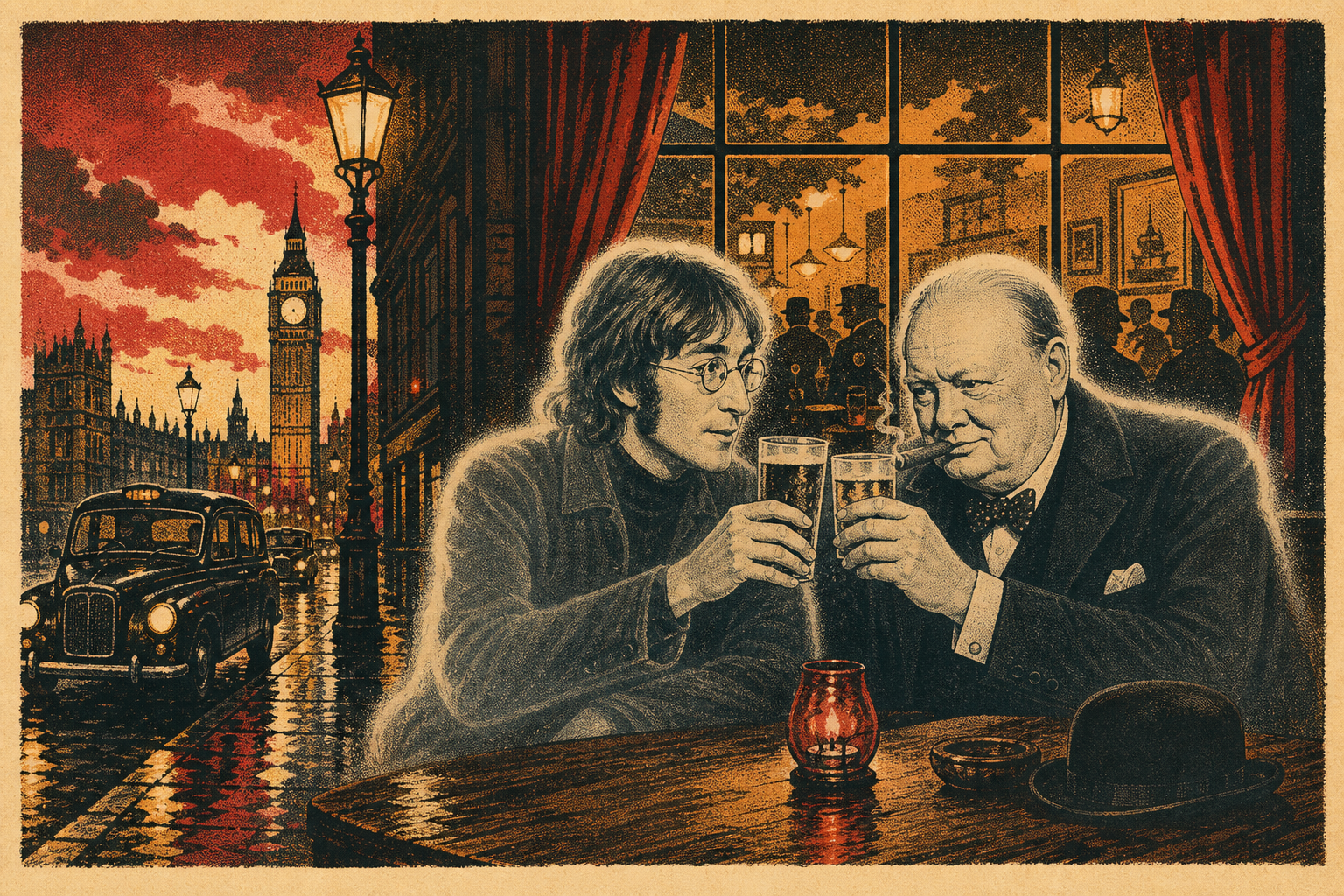 Vintage travel-poster illustration of a mysterious London pub toast