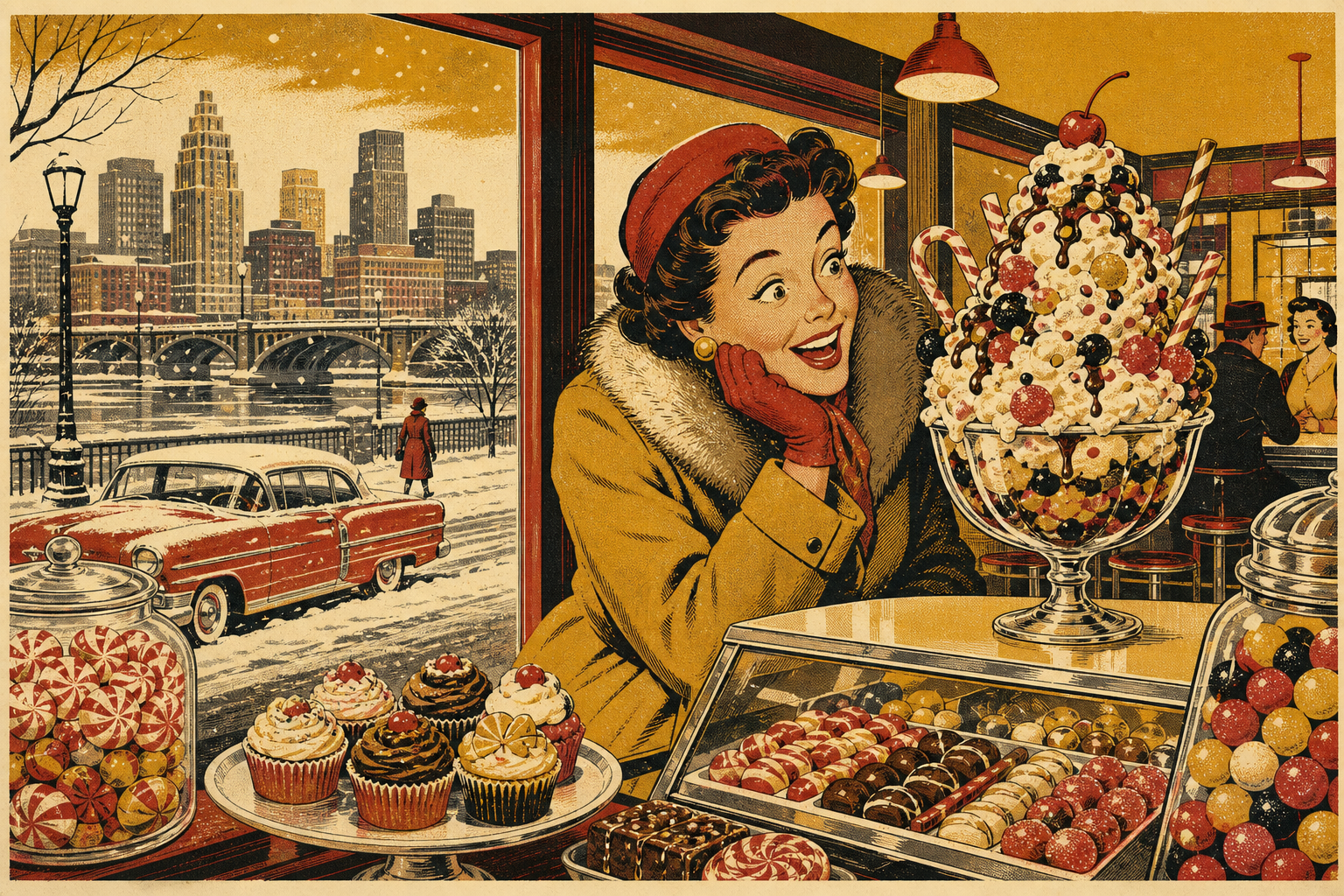 Vintage travel-poster illustration of a candy-filled bistro in Minneapolis