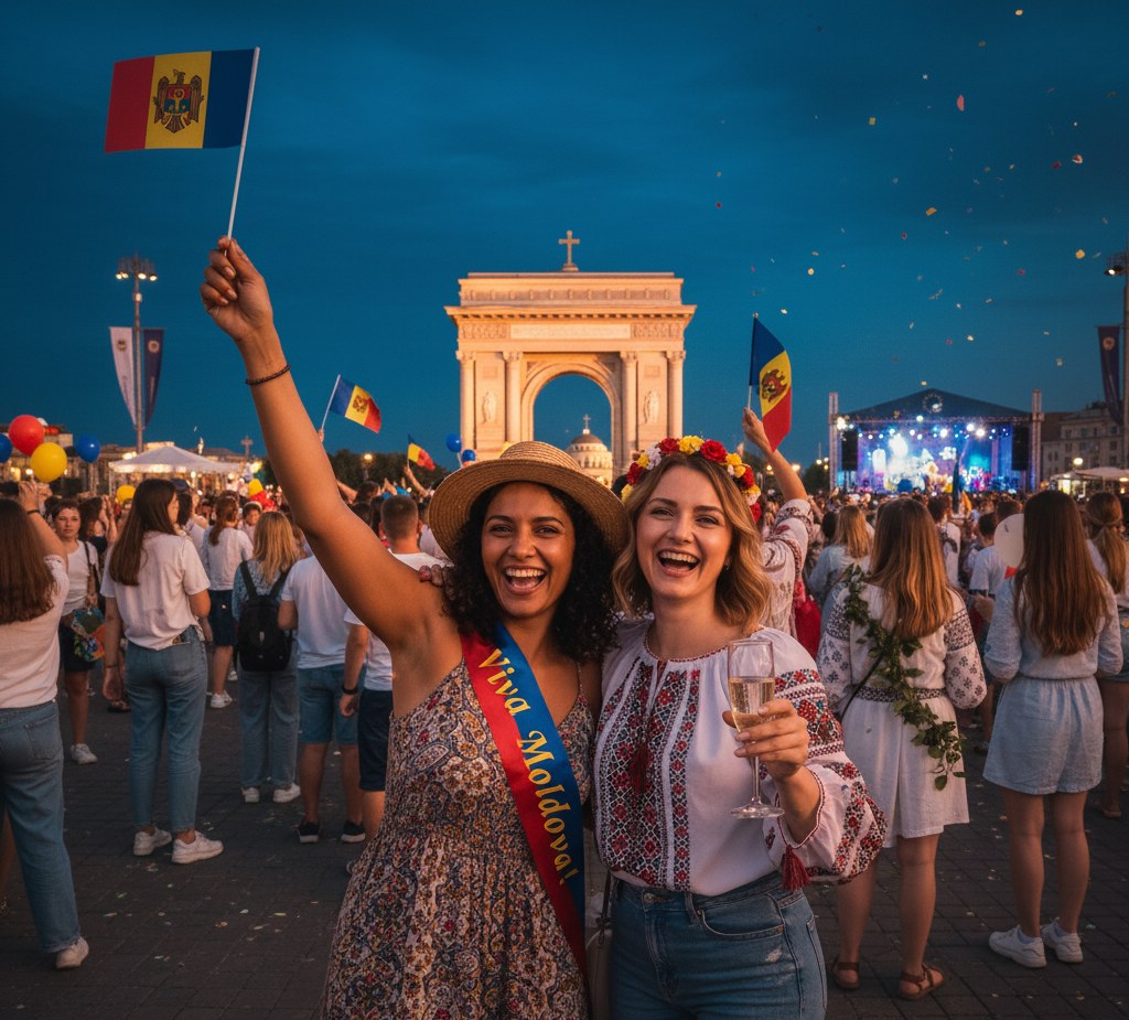 Women celebrating in Chișinău at night