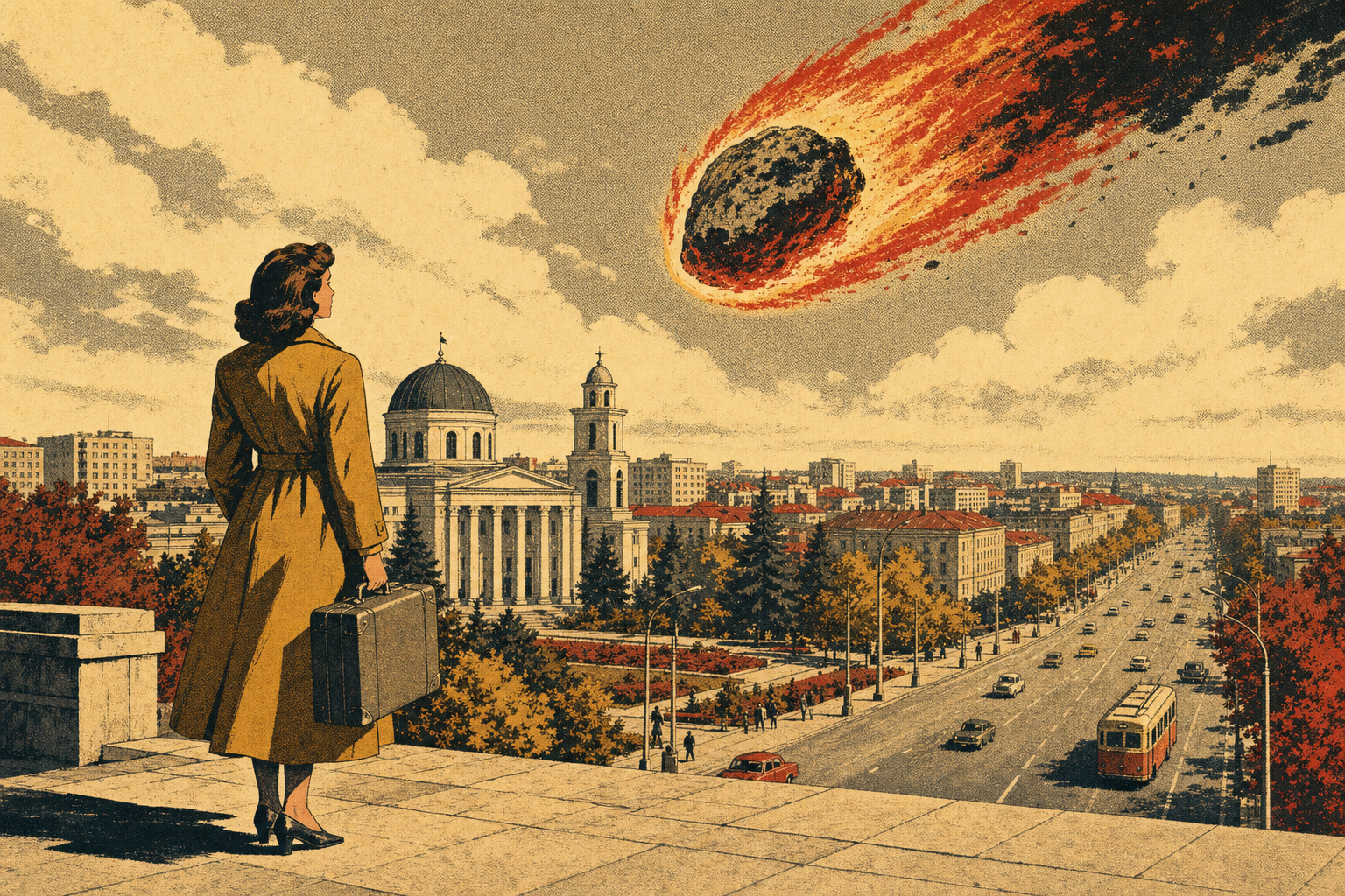 Vintage travel-poster illustration of a traveler watching an asteroid over Chișinău, Moldova