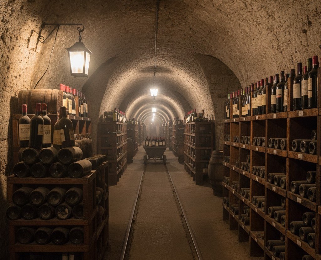 Wine bottles in an underground Moldovan cellar