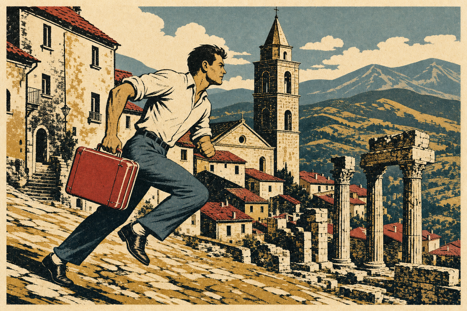 Vintage travel-poster illustration of a traveler exercising among the hills of Molise, Italy