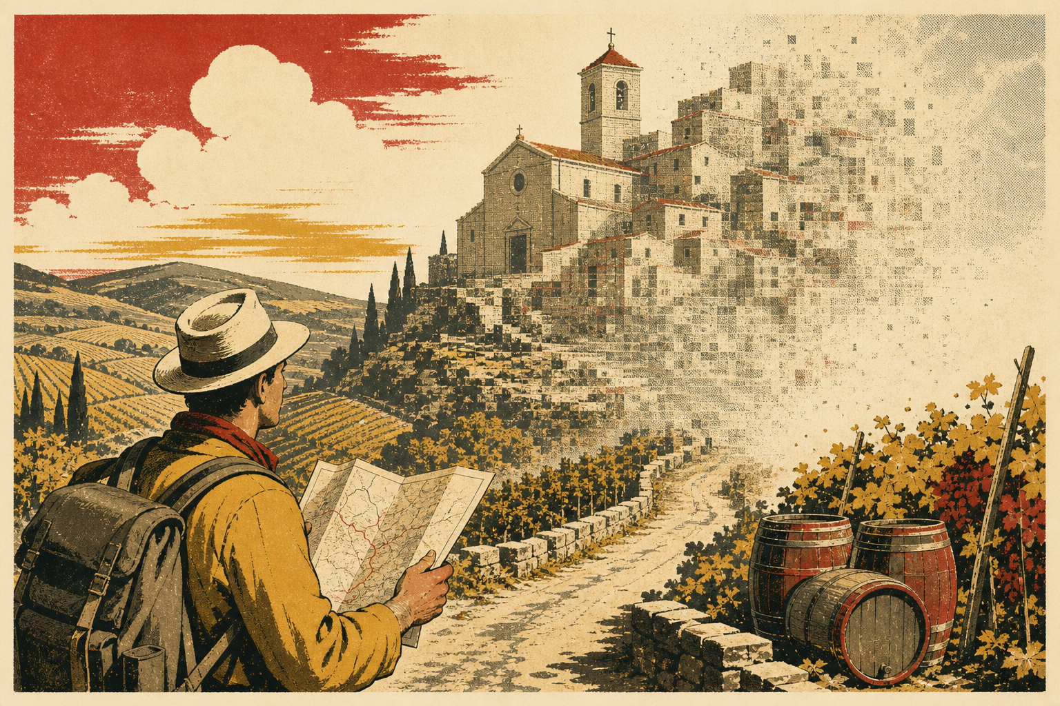 Vintage travel-poster illustration of Montefusco, Italy, fading into the hillside