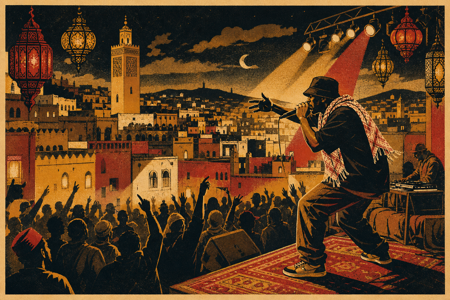 Vintage travel-poster illustration of a hip-hop performance in Fez, Morocco