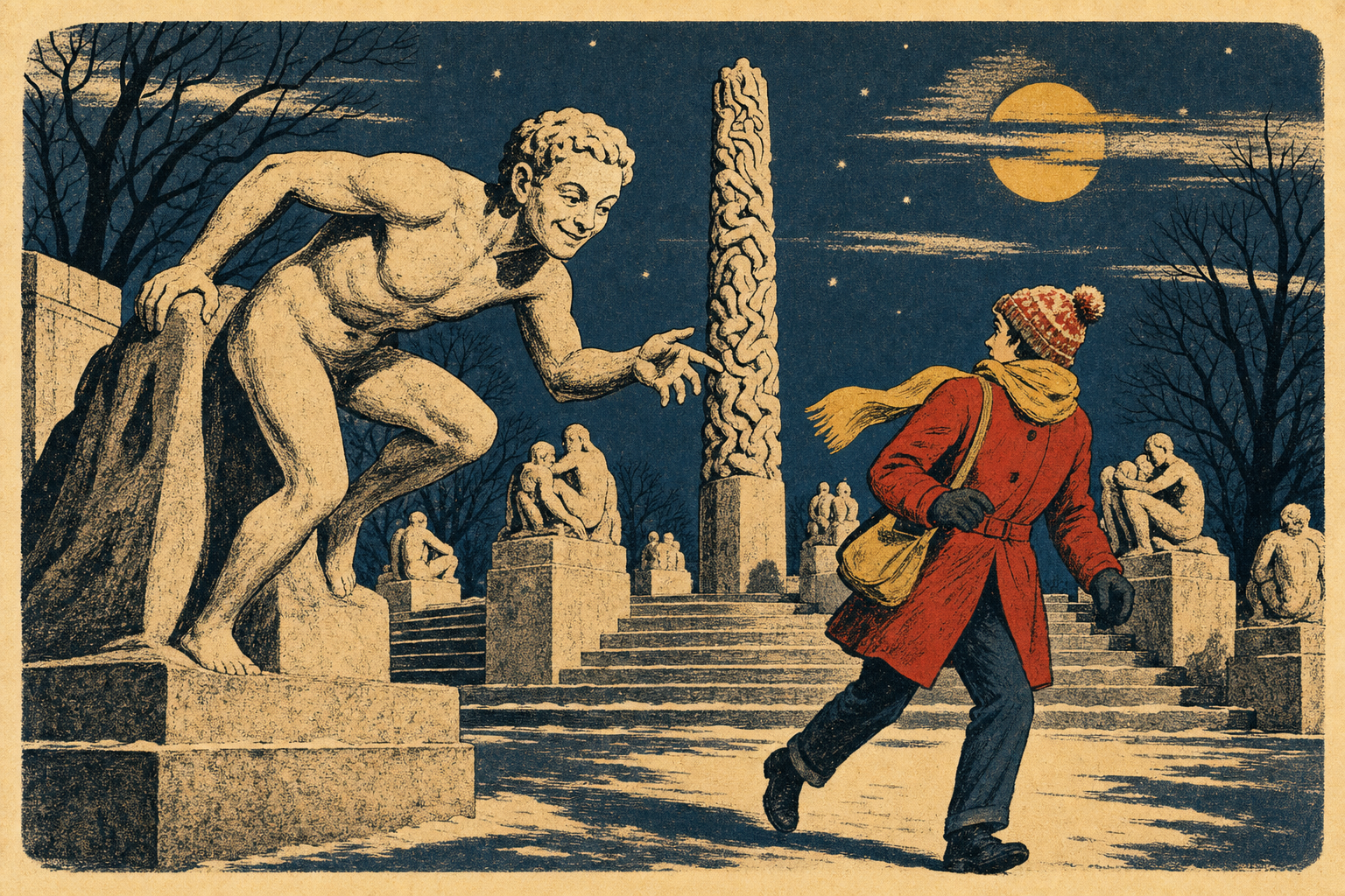 Vintage travel-poster illustration of Vigeland Park statues coming to life in Oslo