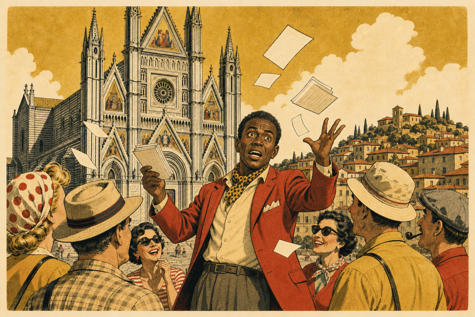 Vintage travel-poster illustration of a Black man posing as a tour guide at Orvieto Cathedral