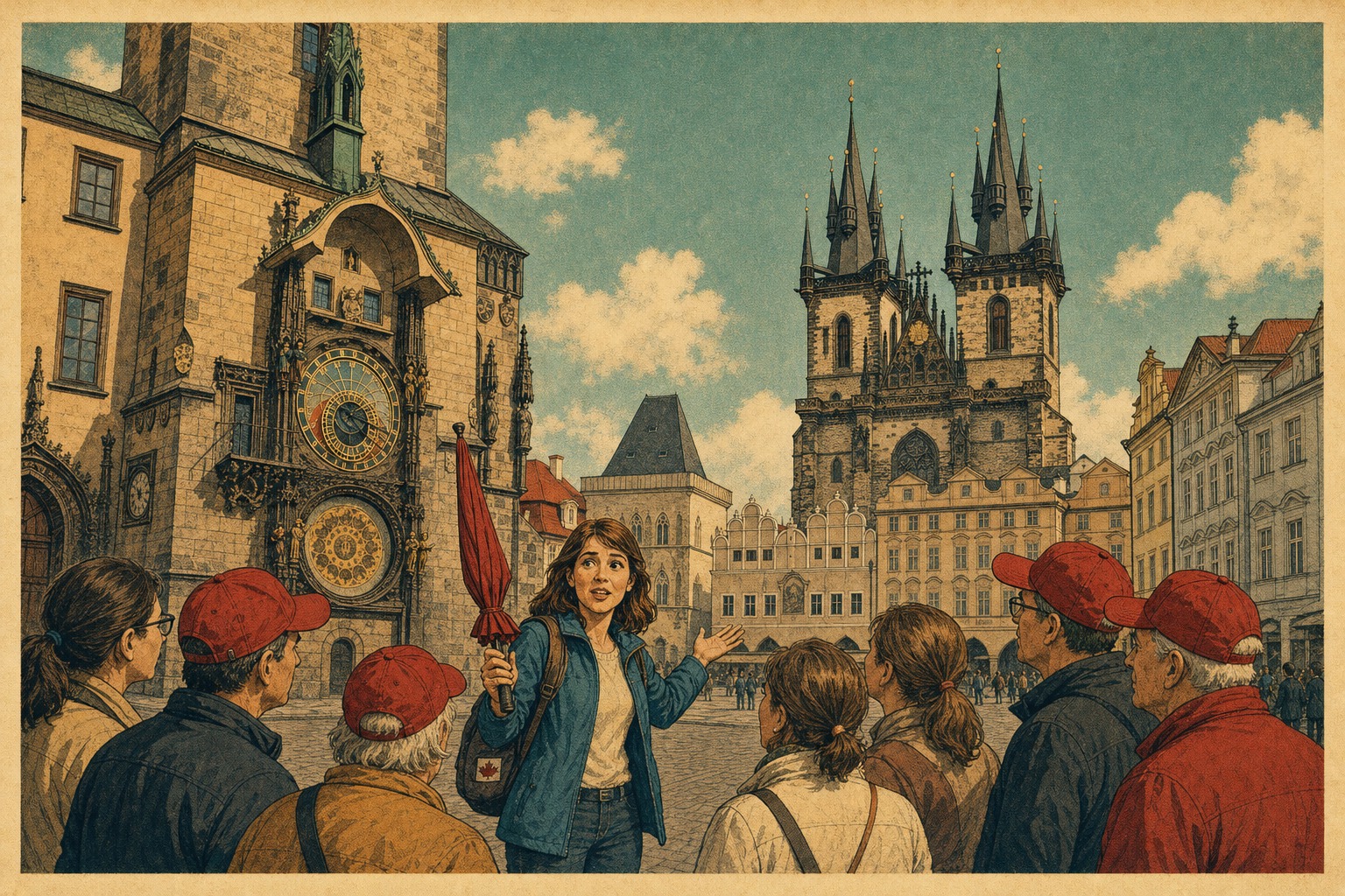 Vintage travel-poster illustration of a Canadian guide leading tourists beneath Prague’s Astronomical Clock and Gothic spires.