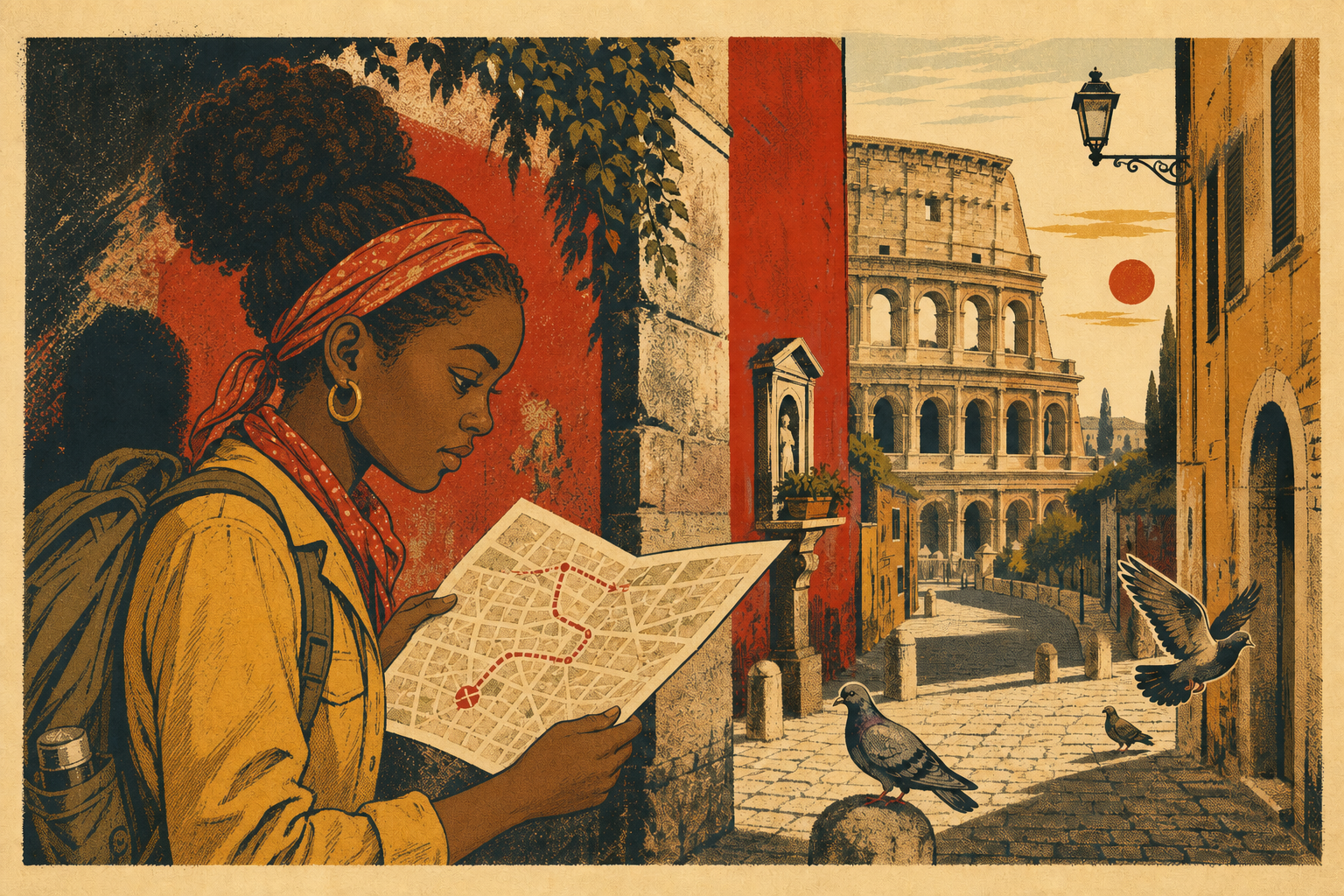 Vintage travel-poster illustration of a Black woman reading a map on a quiet Roman street