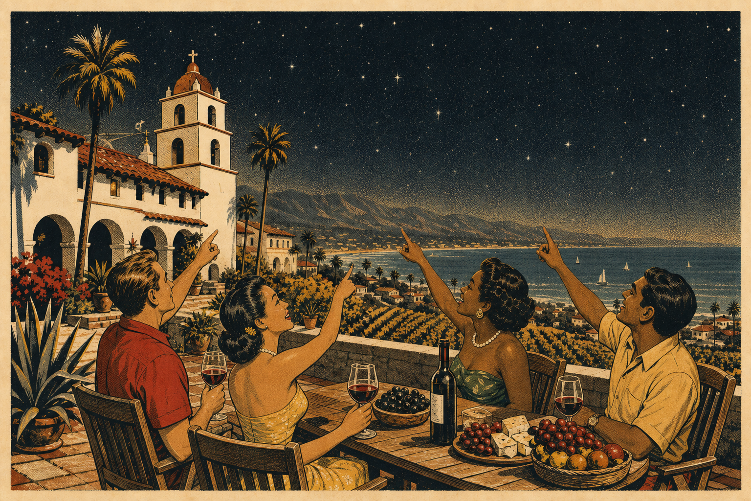 Vintage travel-poster illustration of four friends pointing at stars over Santa Barbara
