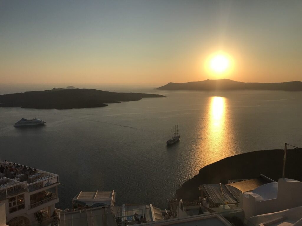Sunset over the caldera in Santorini, Greece