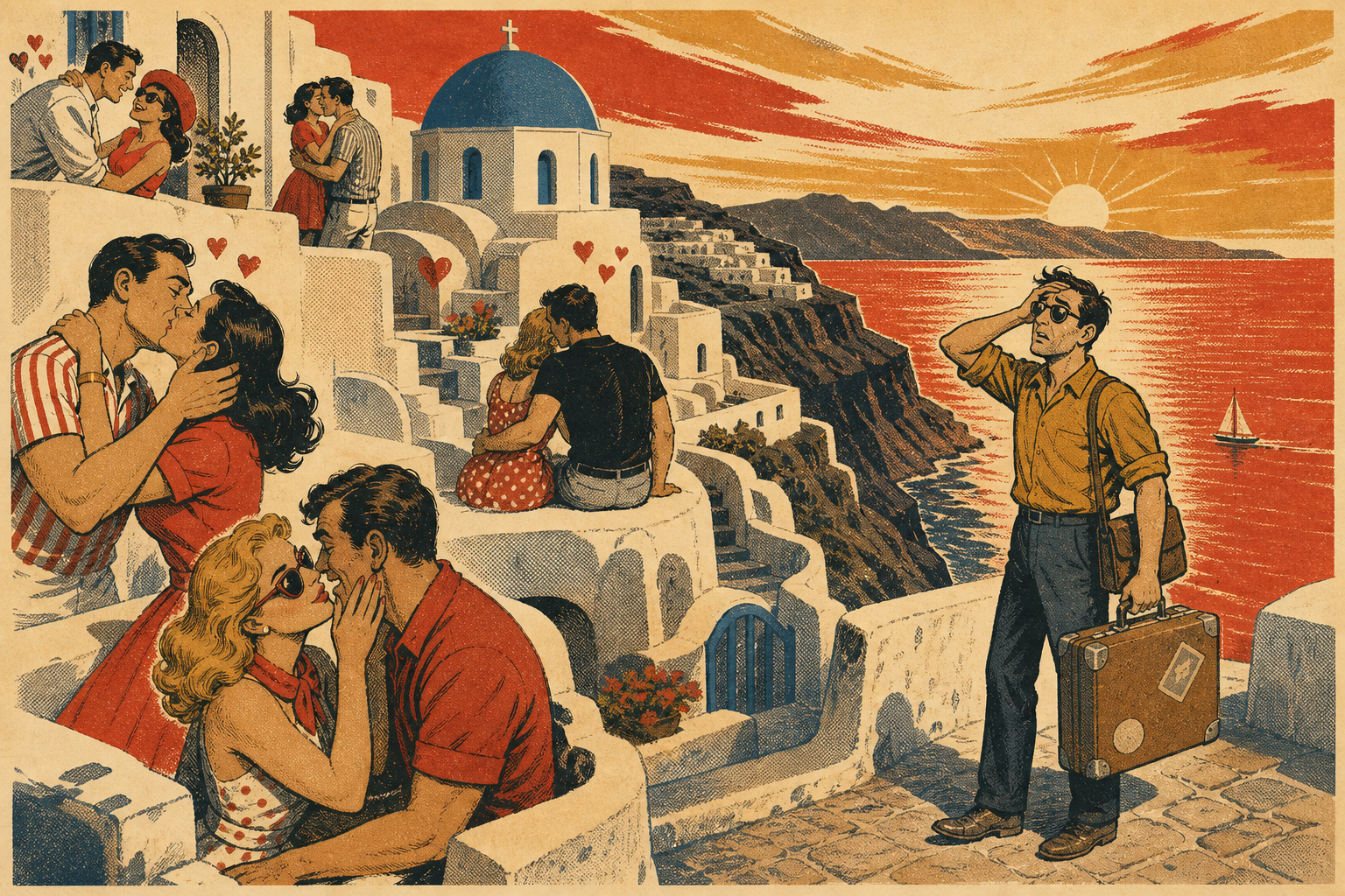 Vintage travel-poster illustration of a solo traveler on Santorini’s caldera