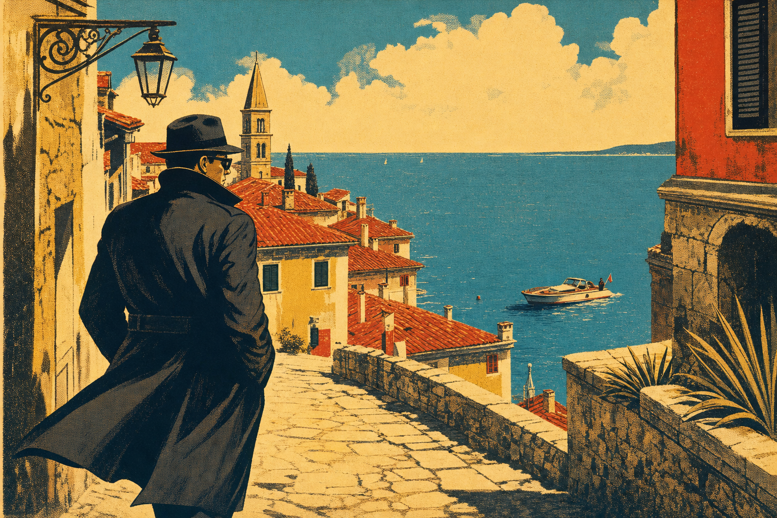 Vintage travel-poster illustration of a spy overlooking Piran and the Adriatic coast