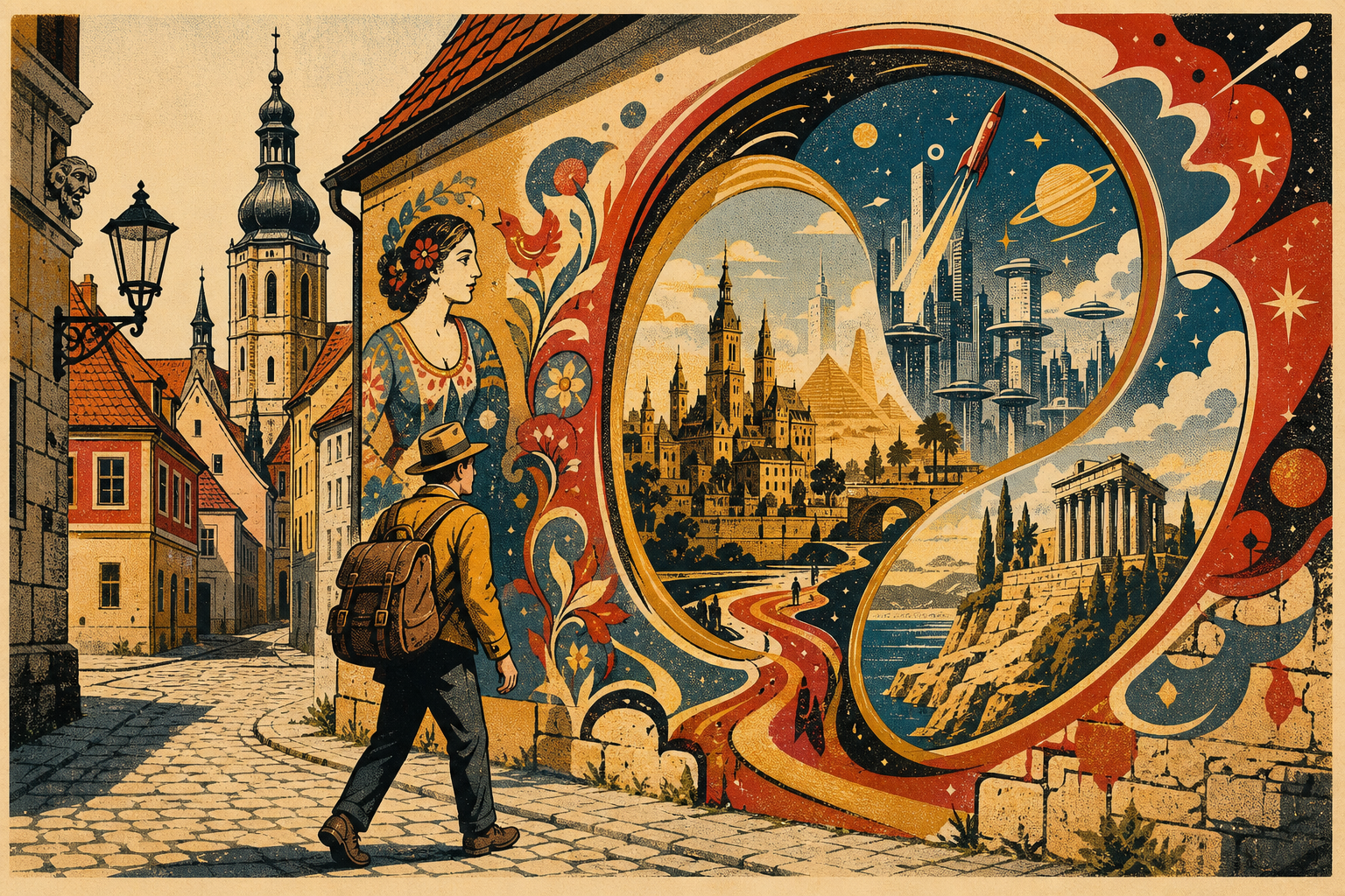 Vintage travel-poster illustration of a street-art portal opening onto a multiverse