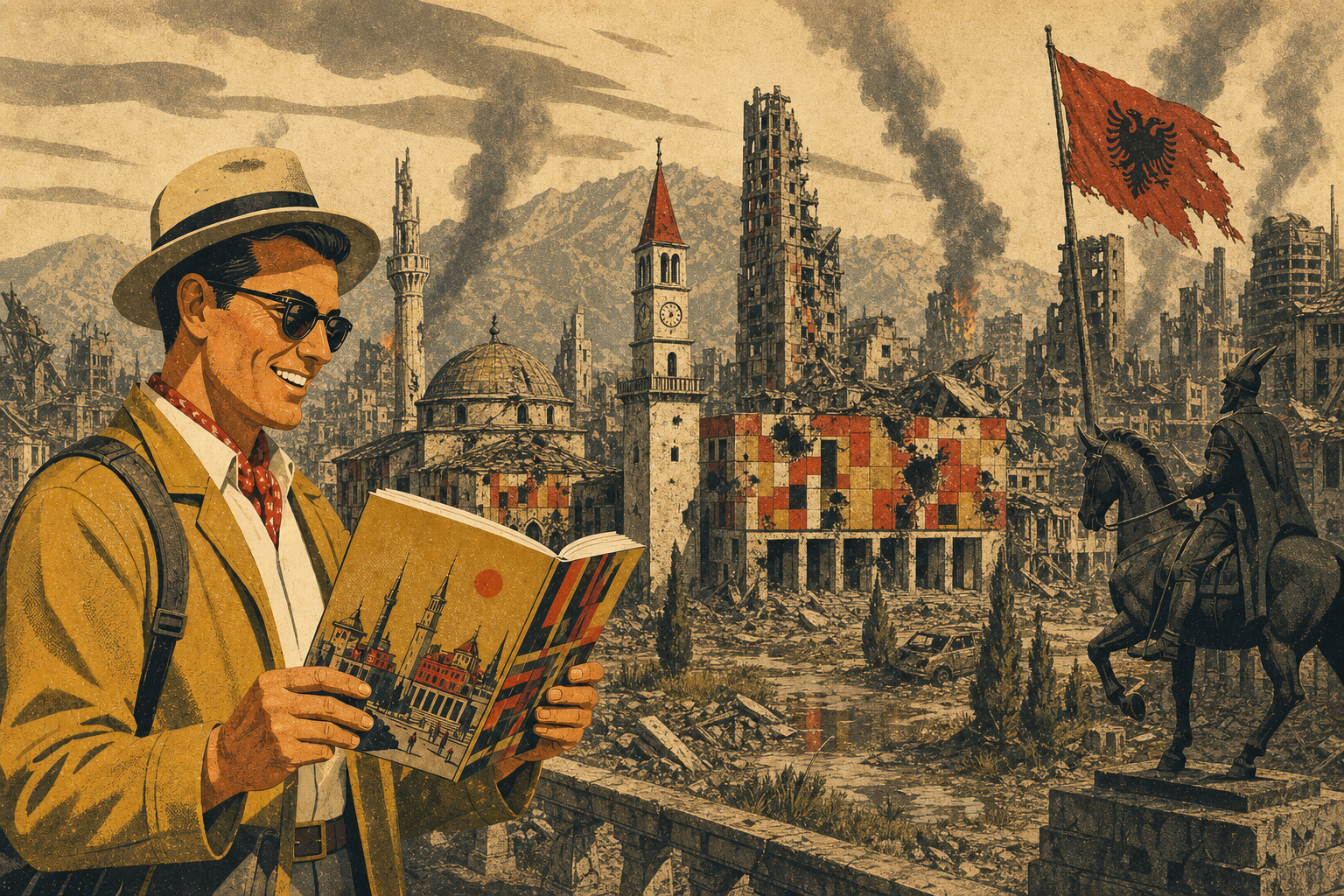 Vintage travel-poster illustration of a traveler in apocalyptic Tirana, Albania