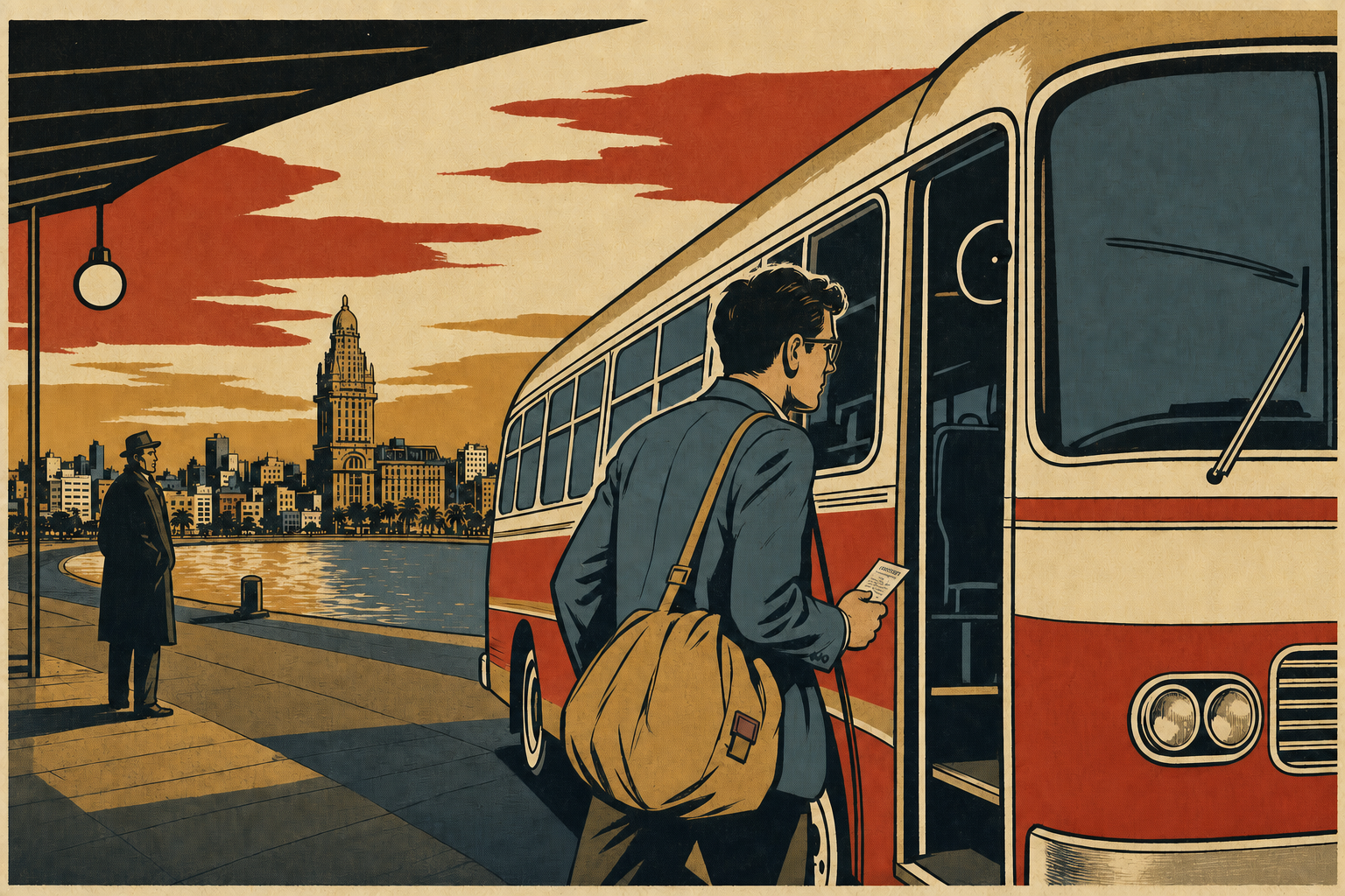 Vintage travel-poster illustration of a bespectacled traveler boarding a bus in Uruguay