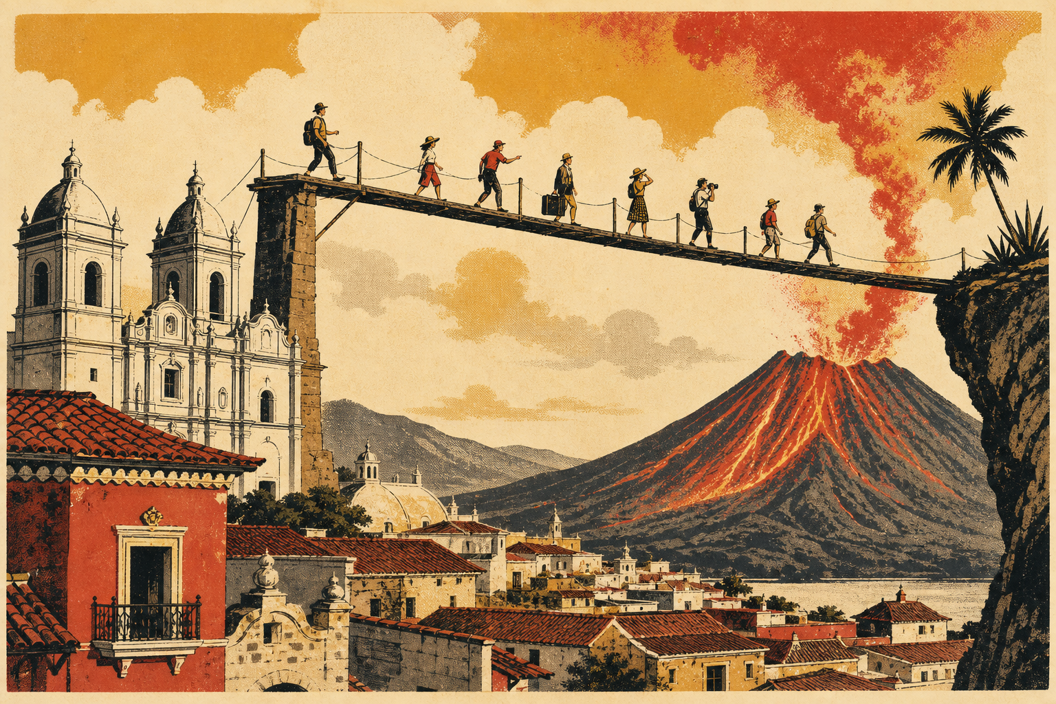 Vintage travel-poster illustration of travelers crossing a bridge above a volcano in León, Nicaragua