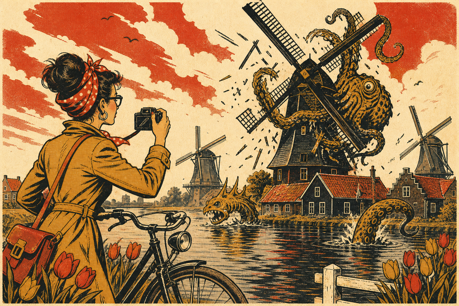 Vintage travel-poster illustration of a gothic traveler defending Dutch windmills