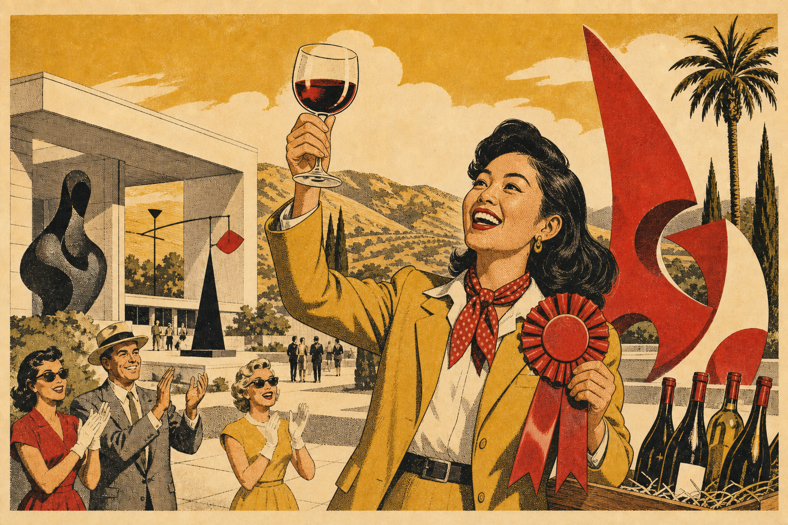 Vintage travel-poster illustration of an Asian woman winning a California art museum wine contest