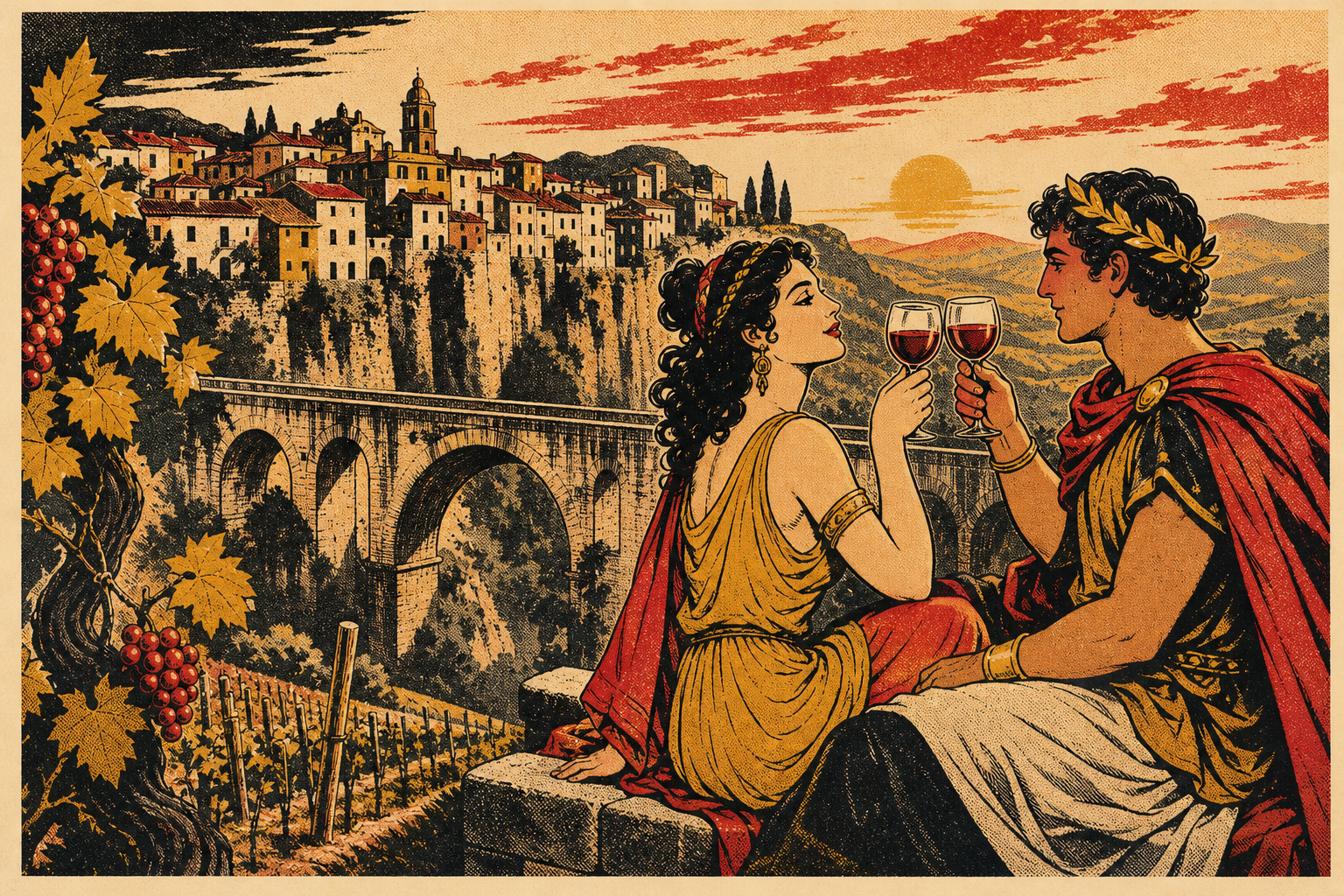 Vintage travel-poster illustration of legendary lovers raising wine in Sant’Agata de’ Goti