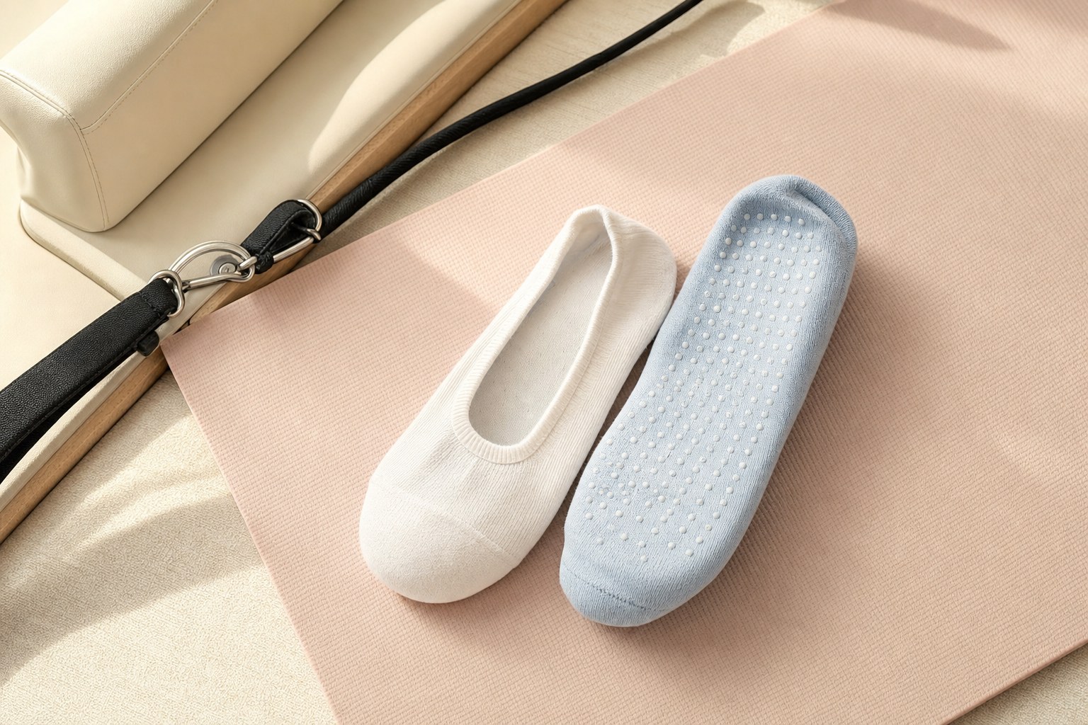 Pilates grip socks on a blush pink mat beside a reformer strap