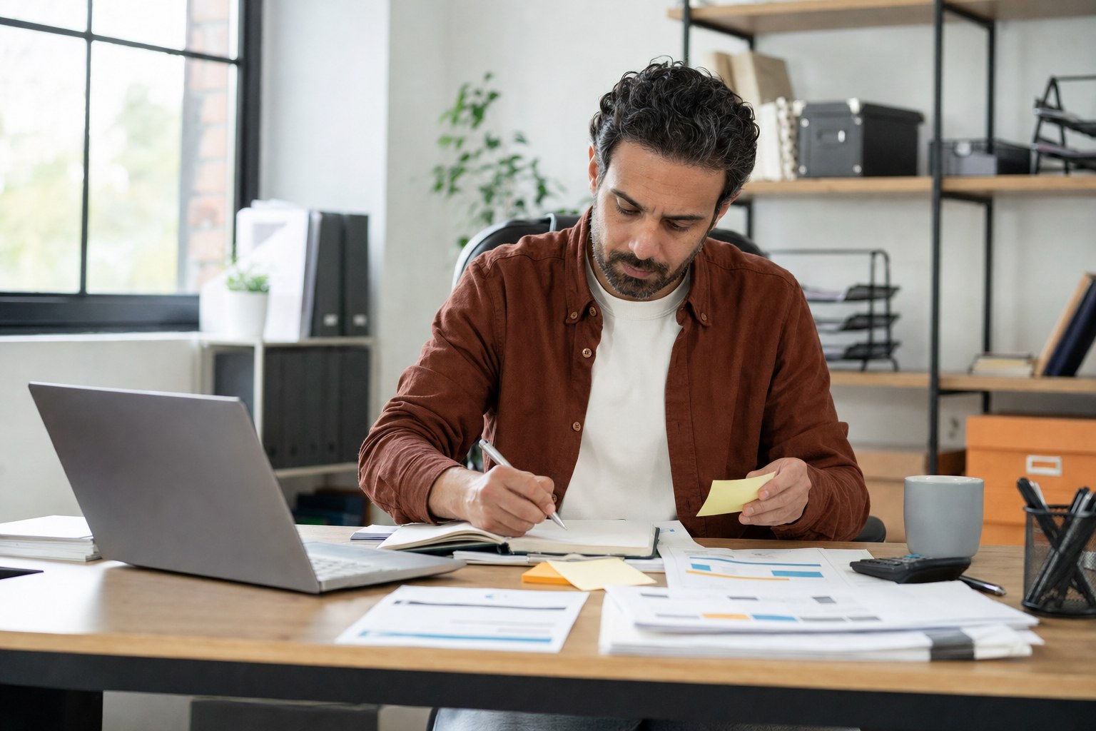 Business owner reviewing cash flow notes at a desk