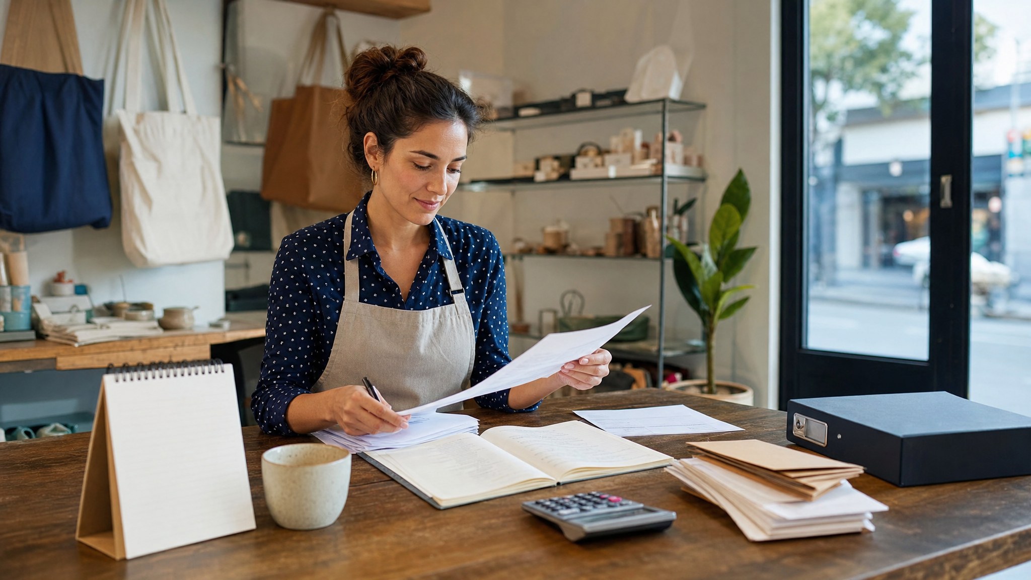 Small business owner organizing invoices and a planning notebook