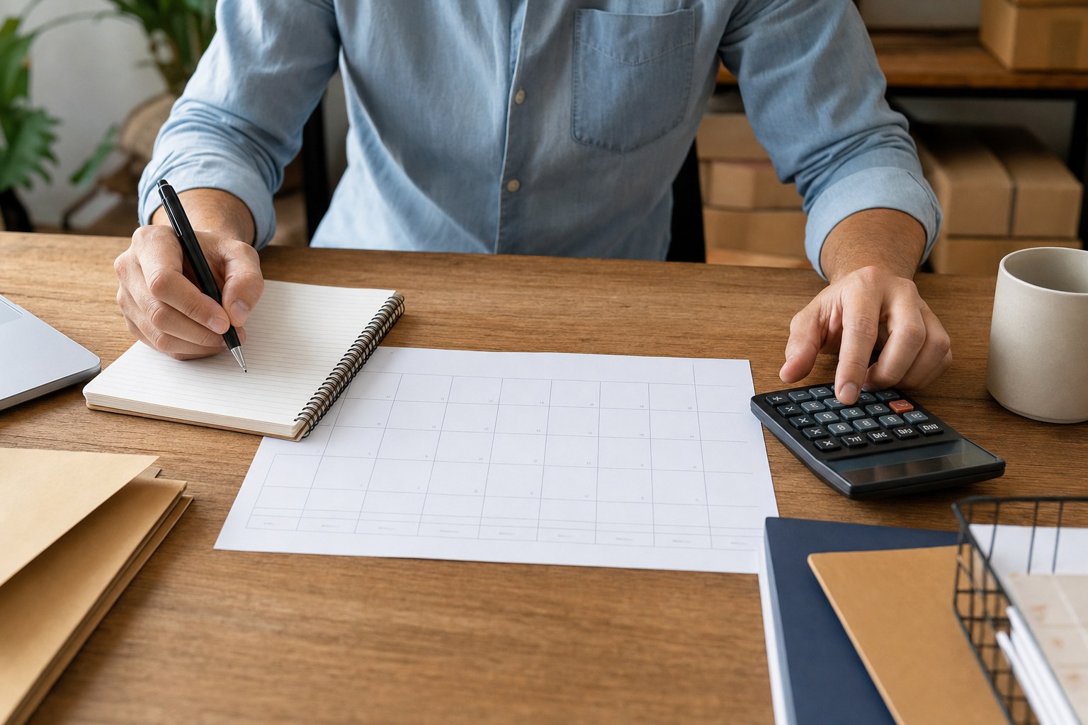 Business owner using a calendar and calculator to plan cash flow