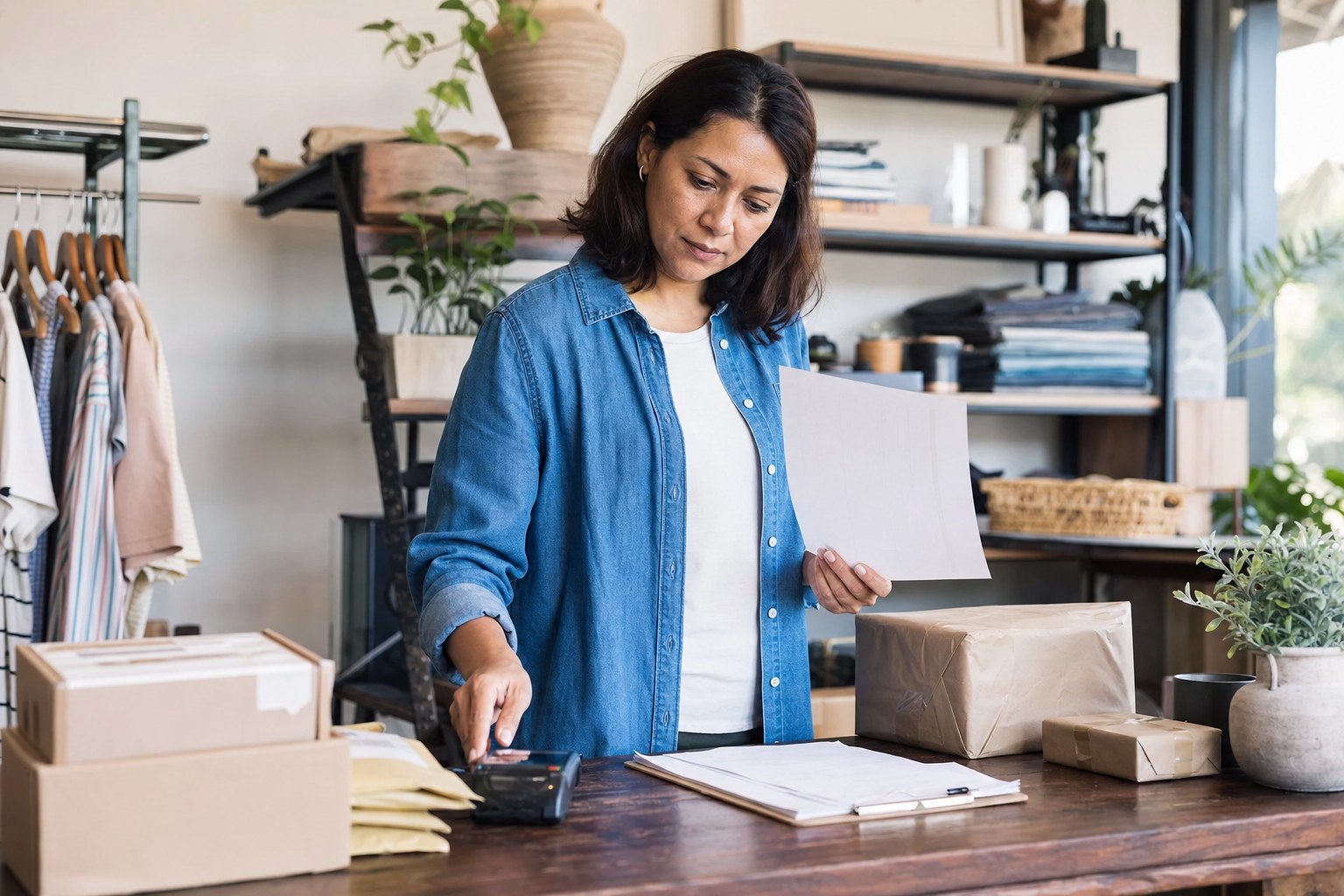 Small business owner checking invoices and customer payments