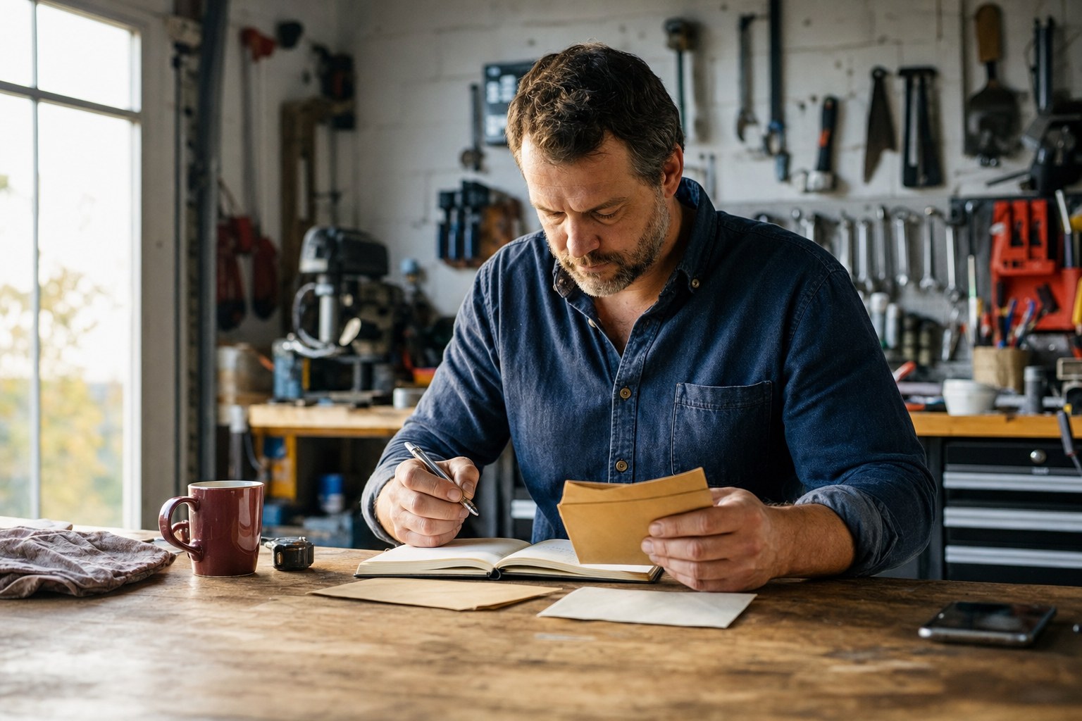 Service business owner reviewing a notebook and envelopes at a workbench