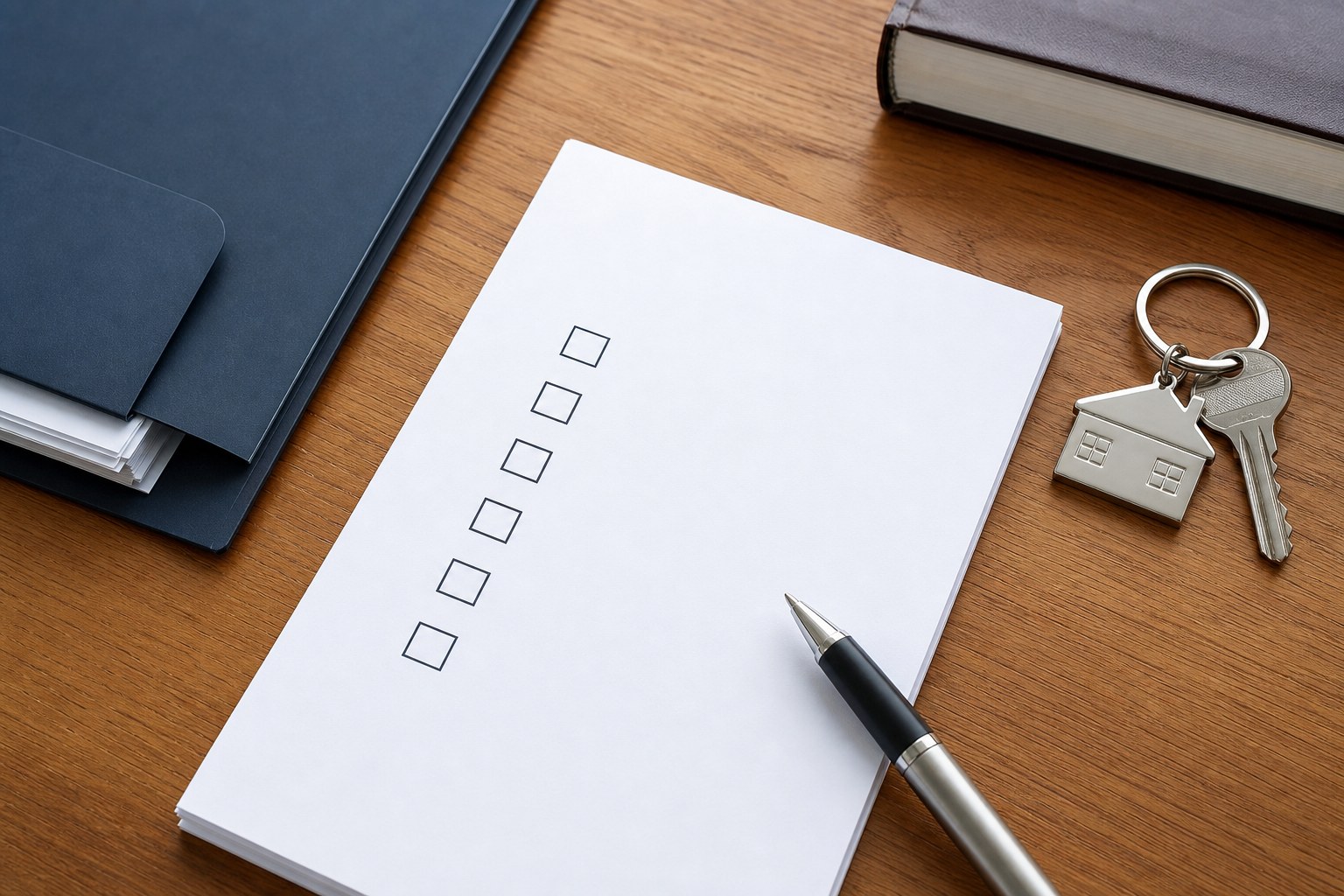 Checklist, folder, pen, and house key arranged on a desk