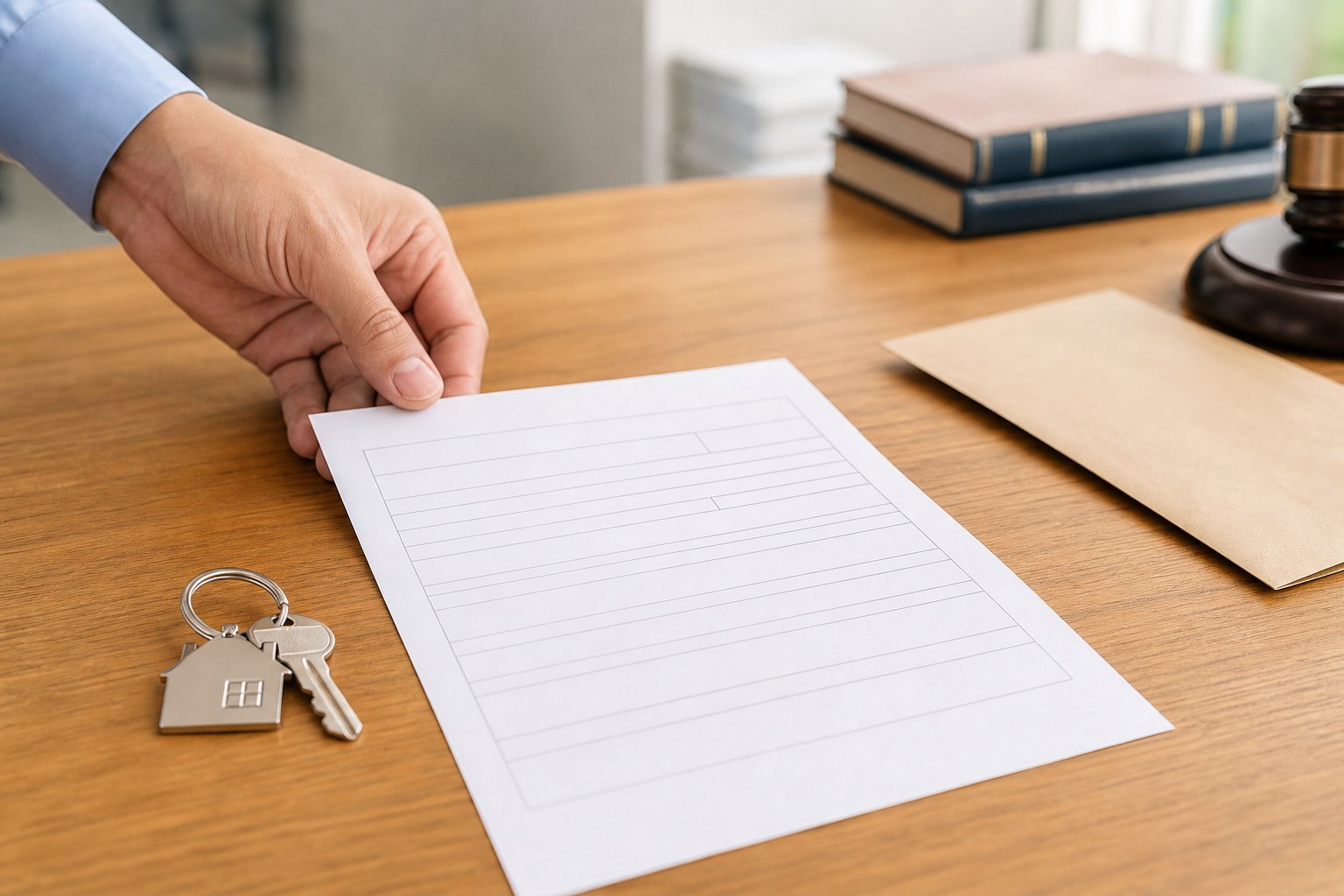 Formulario de cambio de dirección, llave de casa y sobre sobre un escritorio