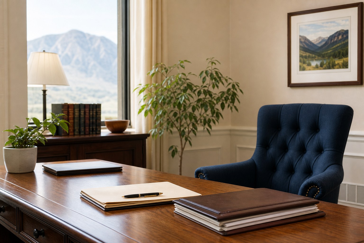 Sala de consulta legal tranquila con una silla azul marino y carpetas organizadas