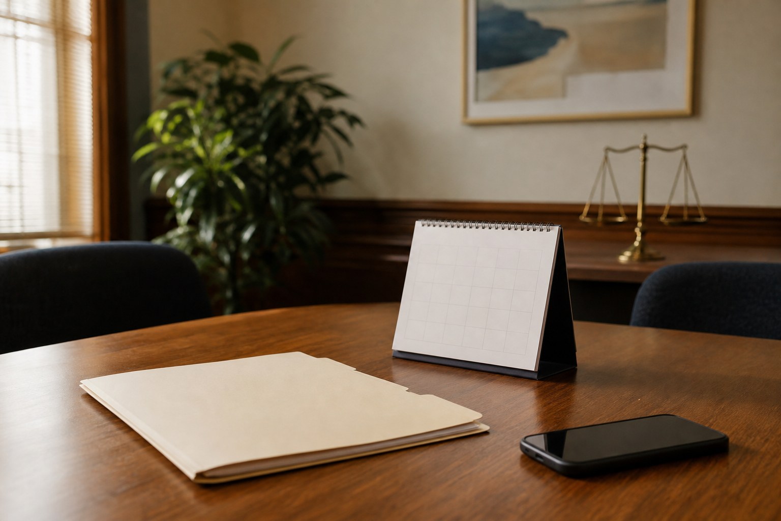 Calendar, phone, and folder prepared on a consultation room table