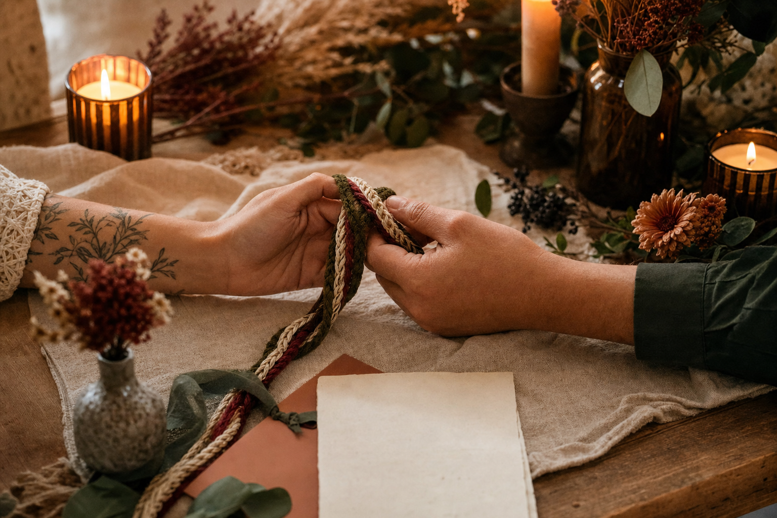 Hands holding a handfasting cord beside candlelight