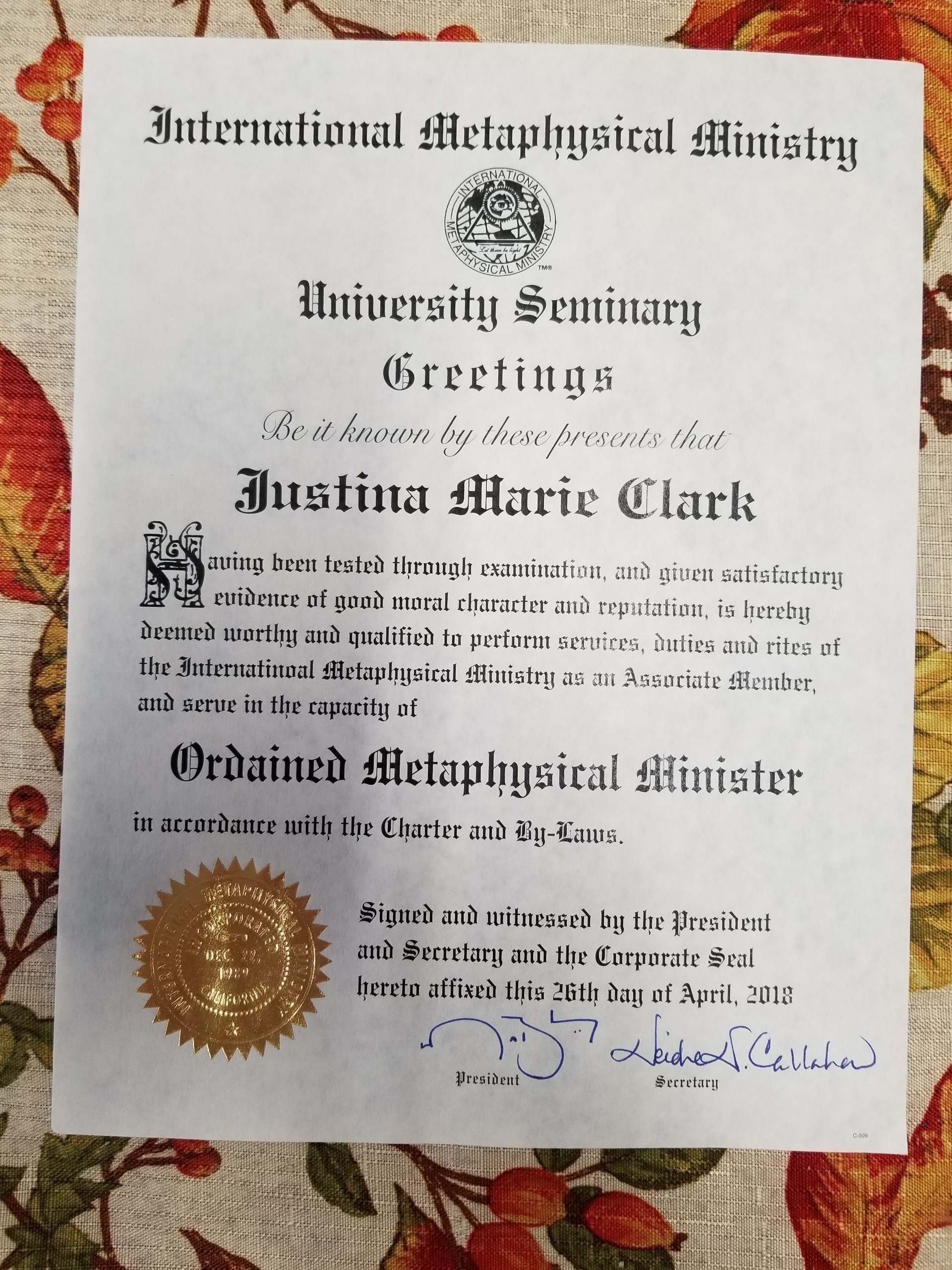 Ordained Minister Certificate