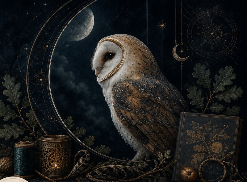 Barn owl framed by moonlight, leaves, and celestial details