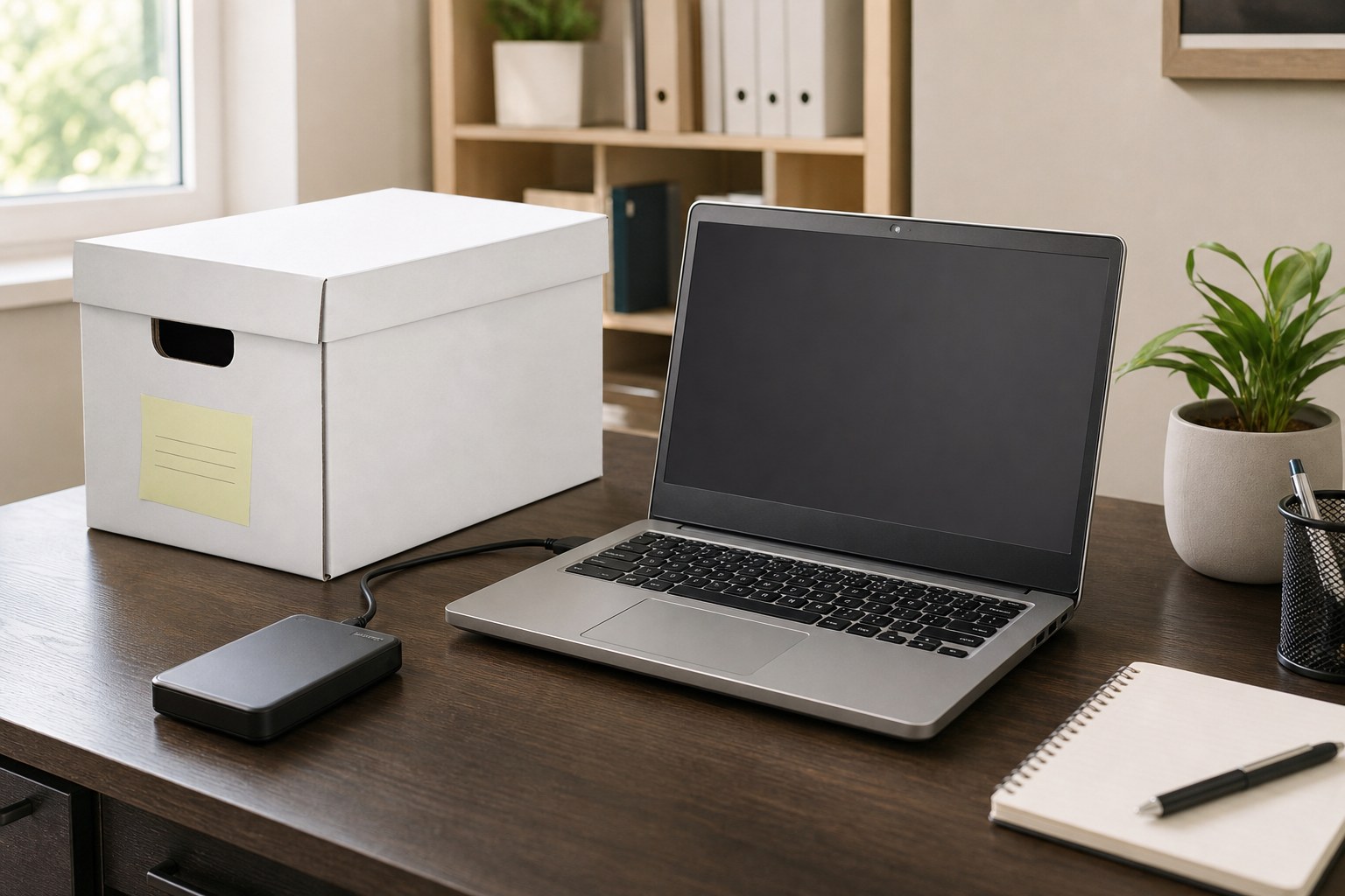 Laptop, external drive, and storage box prepared for file backup