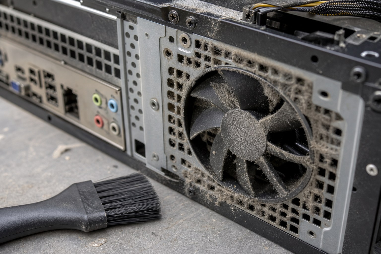 Dust buildup around a desktop computer cooling fan
