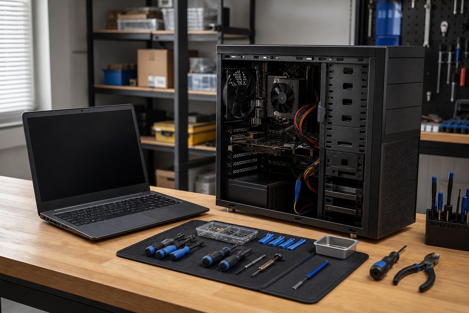 Open desktop computer and laptop on an organized repair workbench