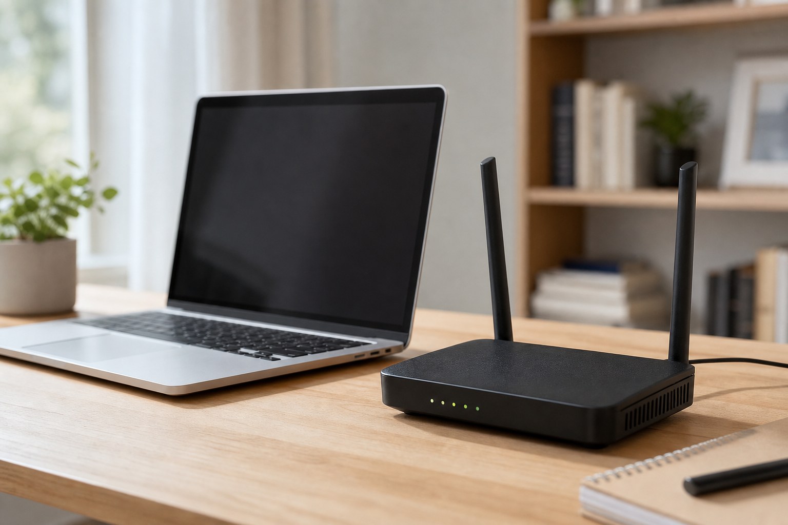 Laptop and Wi-Fi router on a home office desk