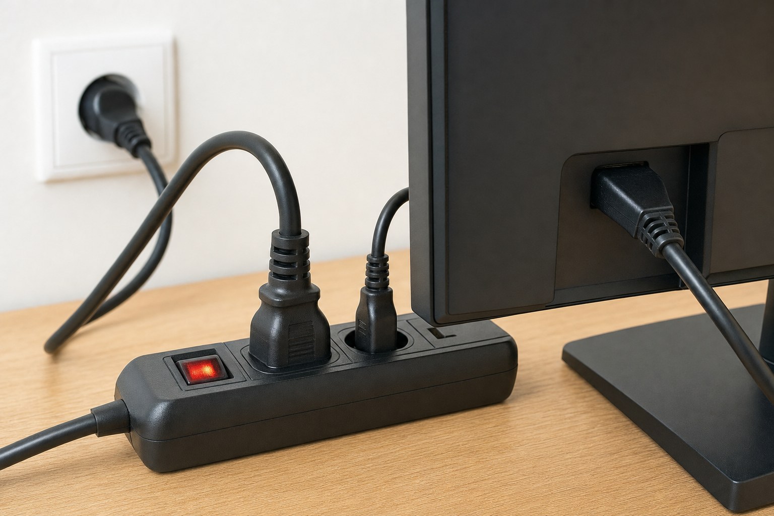 Computer and monitor power connections checked at a power strip