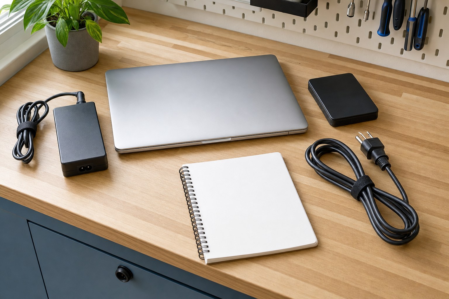 Powered-off laptop, charger, external drive, and notebook prepared for troubleshooting