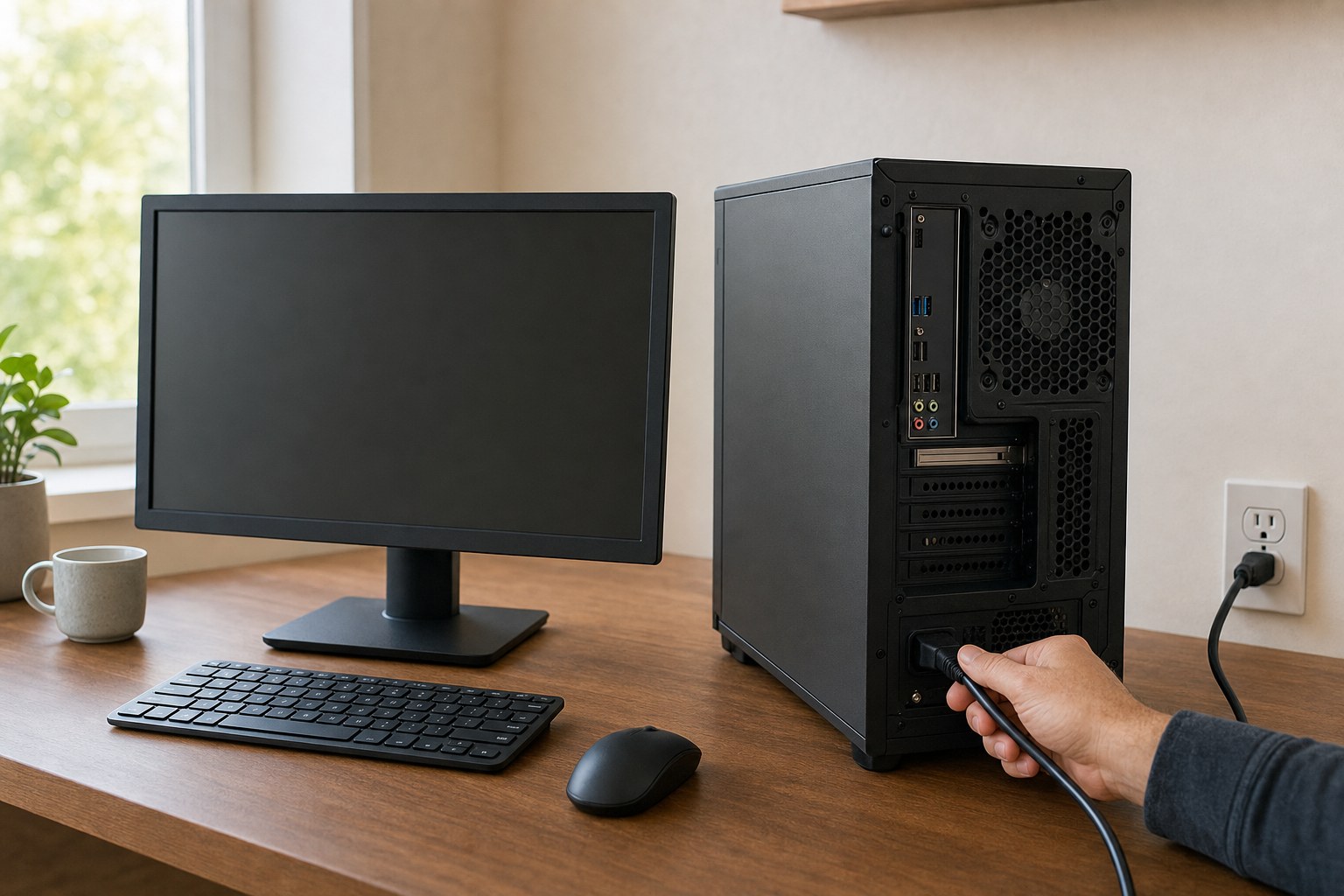 Desktop computer with a blank monitor while its power cable is being checked