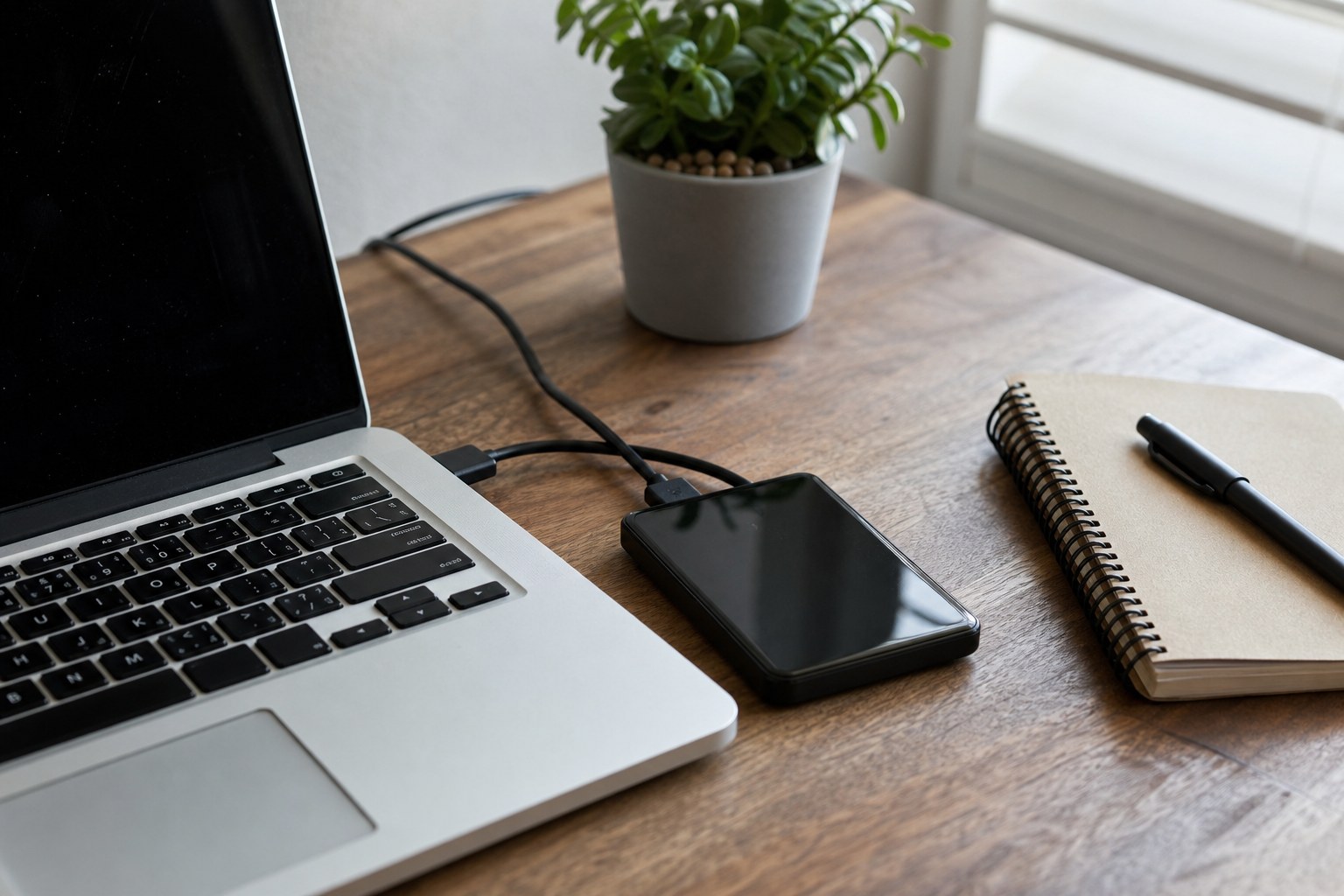 Laptop connected to an external drive beside a notebook