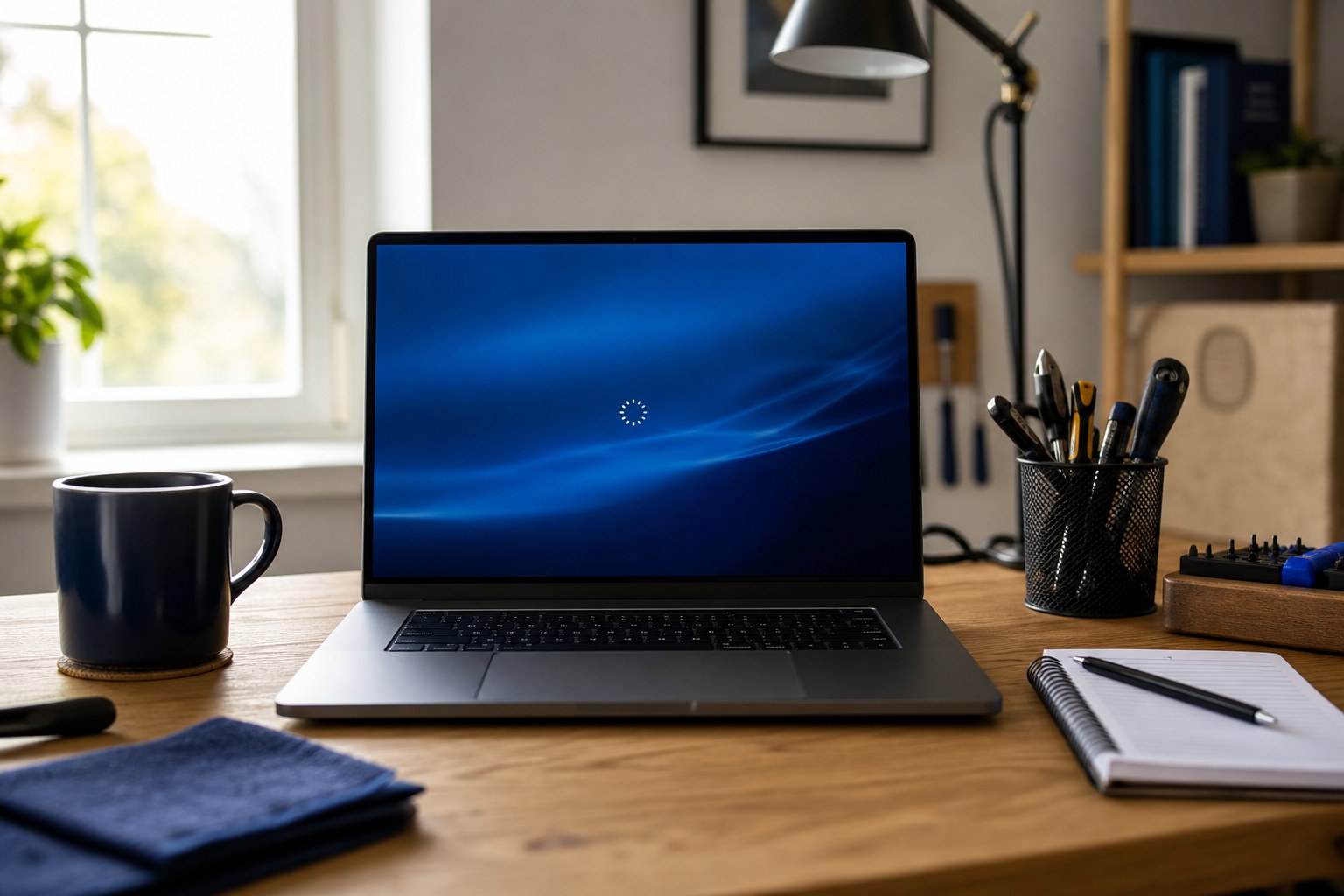 Laptop paused on a loading screen at a home office desk